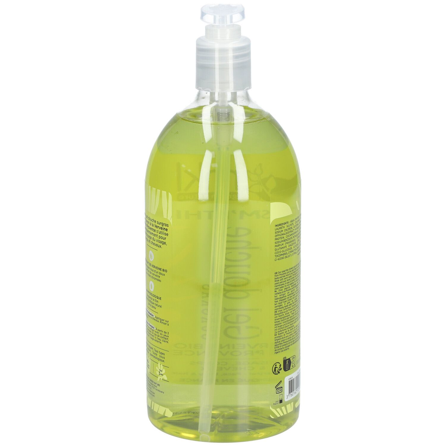 Vue arrière du flacon transparent de gel douche vert. Étiquette avec texte. Avec pompe doseuse.