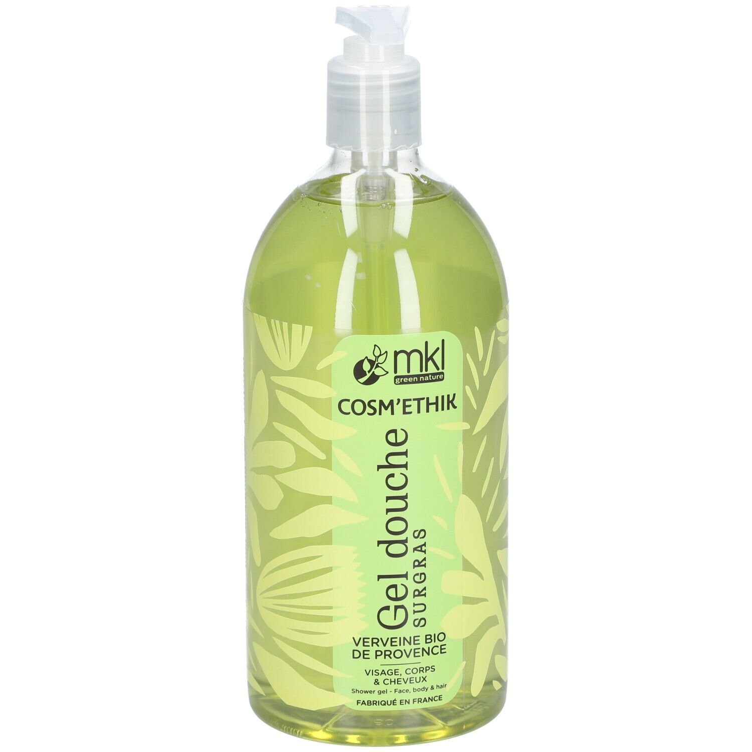 Flacon transparent de gel douche vert. Étiquette avec logo et texte. Avec pompe doseuse.