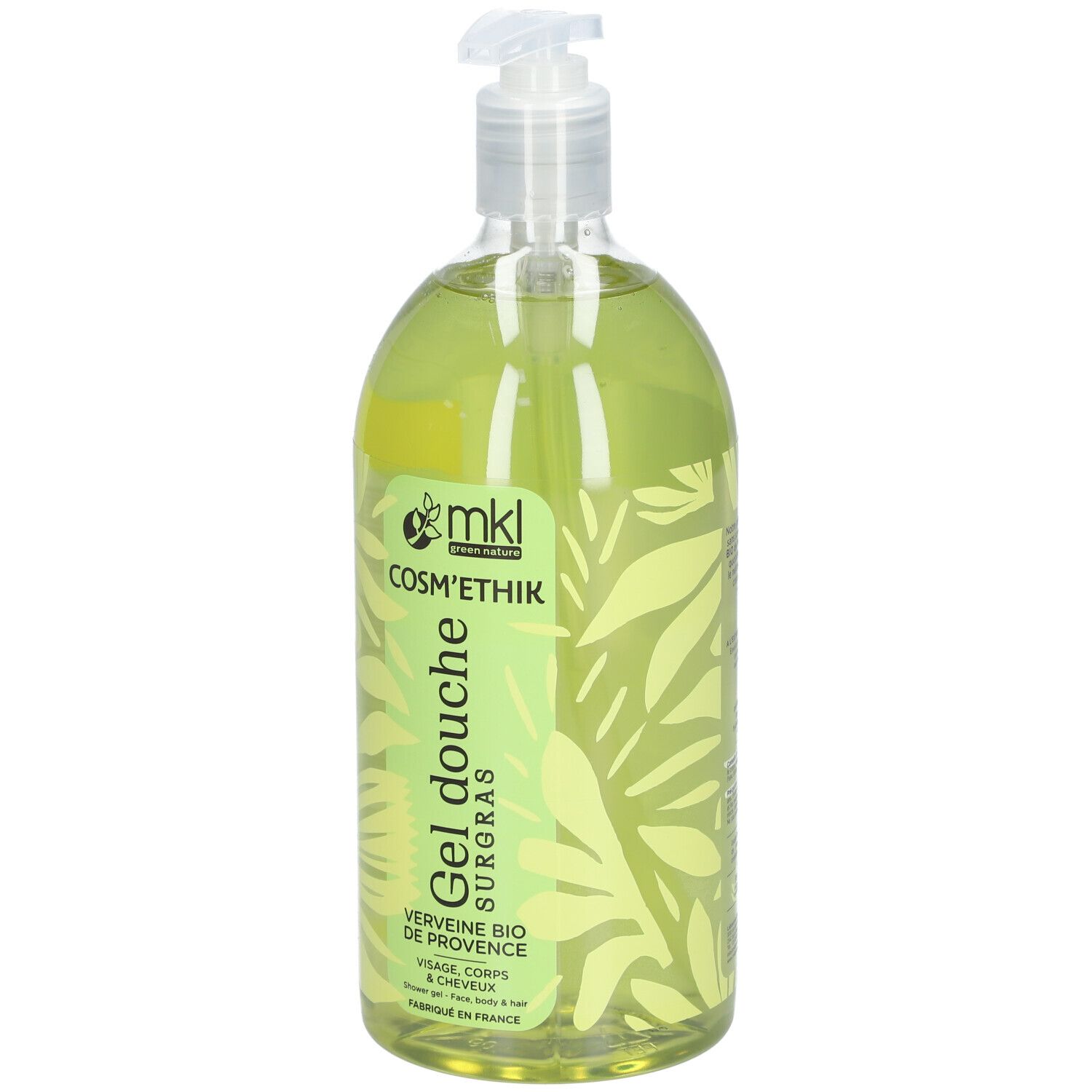 Flacon transparent de gel douche vert. Étiquette avec logo et texte. Avec pompe doseuse.