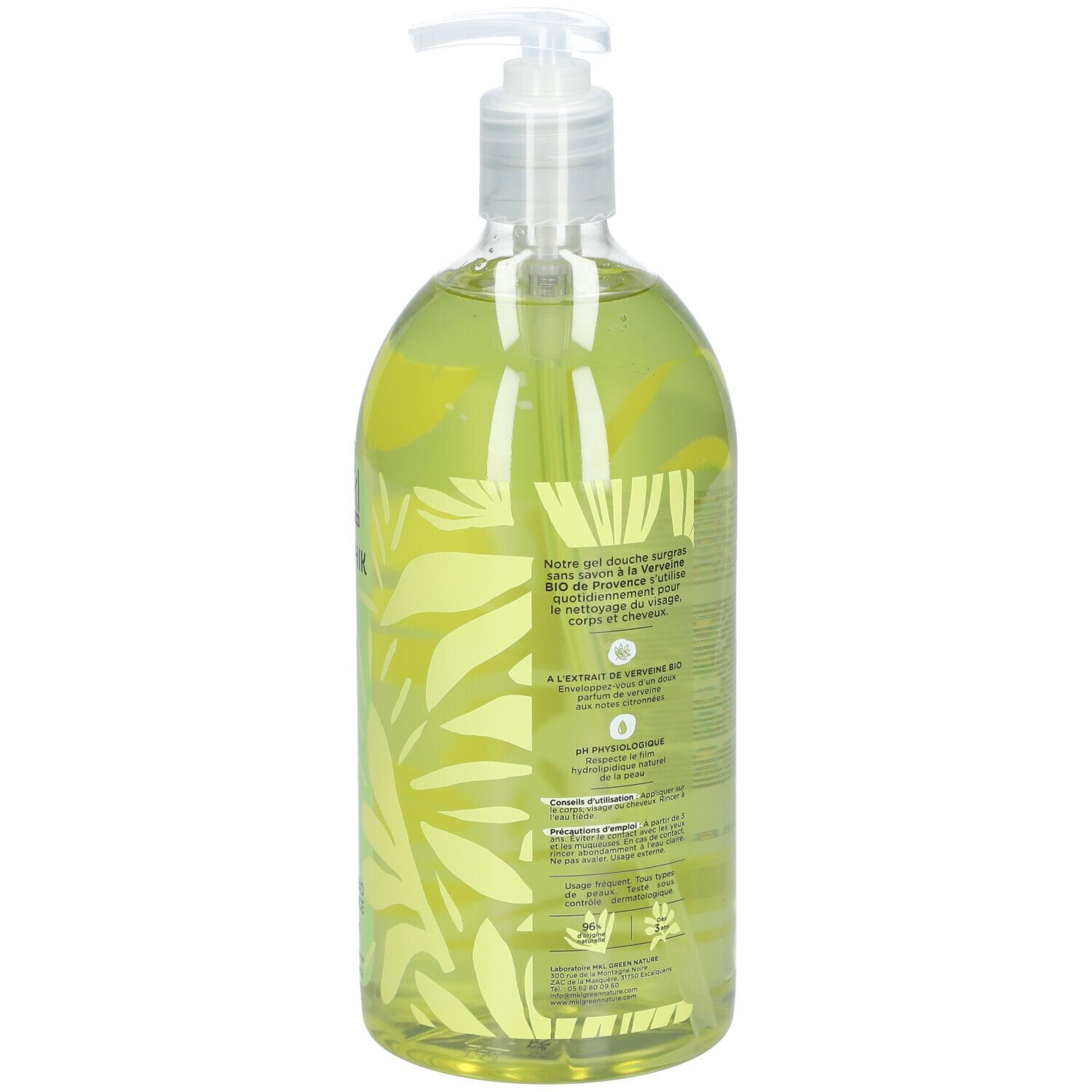 Vue arrière du flacon transparent de gel douche vert. Étiquette avec texte. Avec pompe doseuse.