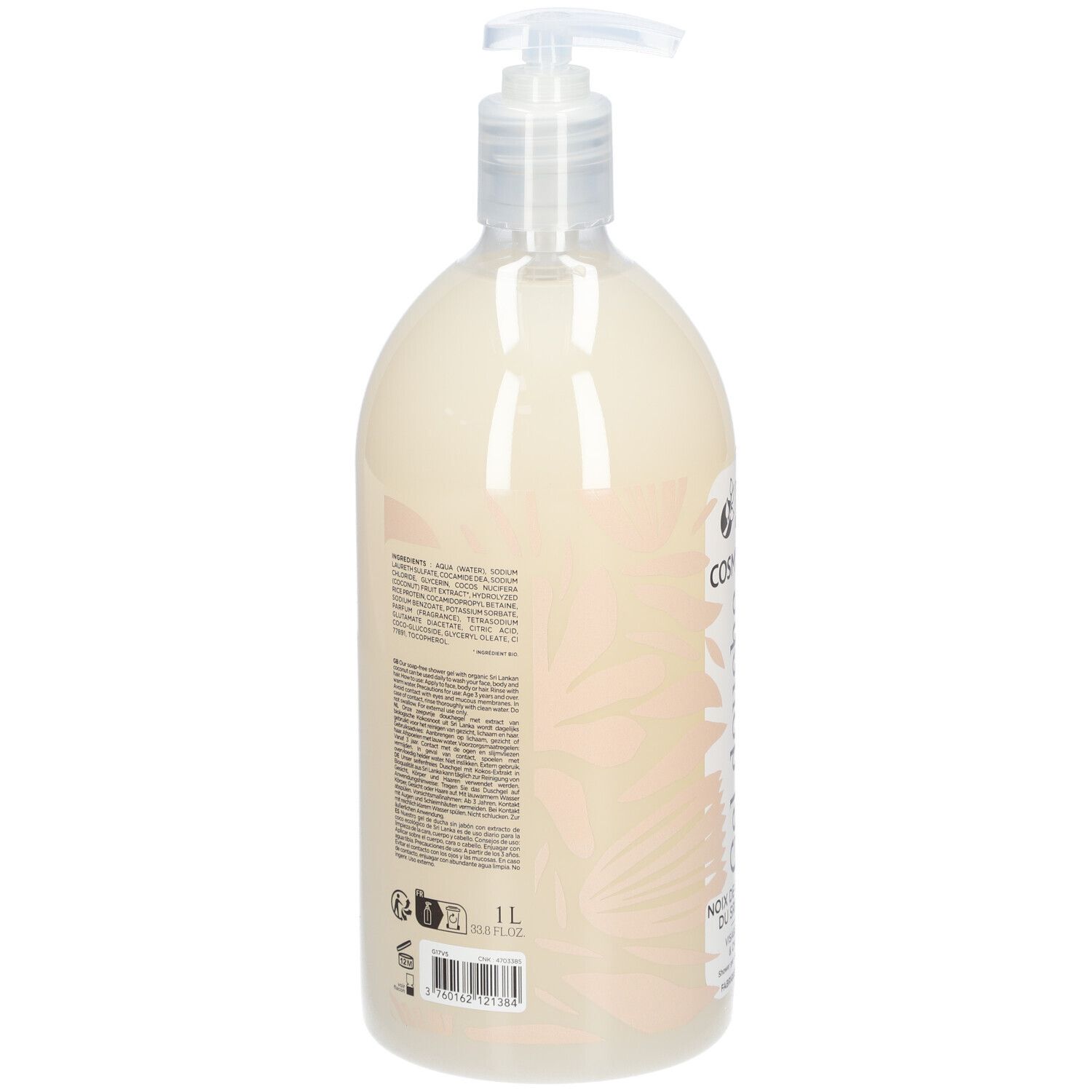 Flacon transparent avec pompe. Dos avec texte et code-barres. Inscription: 1L.