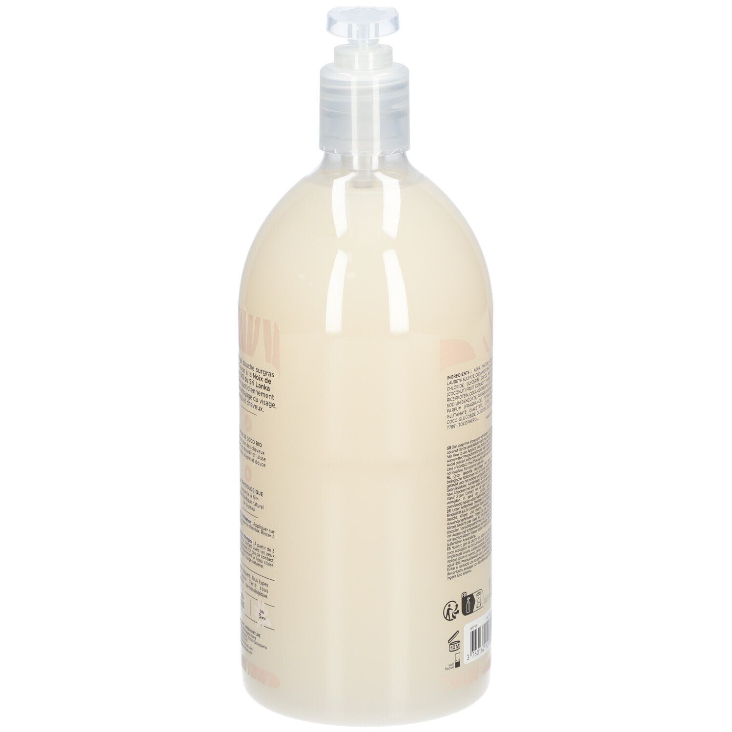 Flacon transparent avec pompe. Dos avec texte. Inscription: 1L.