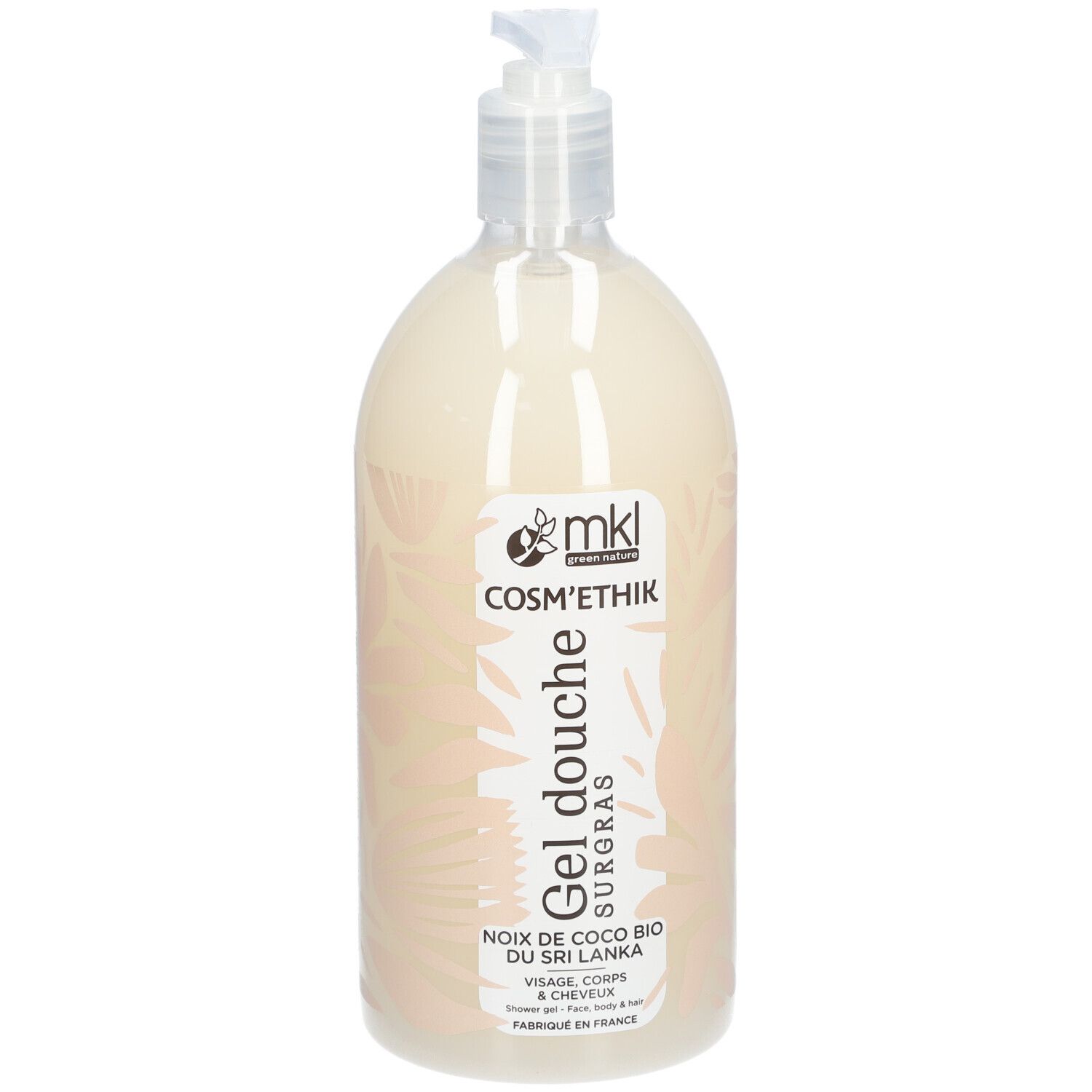 Flacon transparent avec pompe. Inscriptions: mkl, Cosm'Ethik, Gel douche, Noix de coco bio du Sri Lanka.