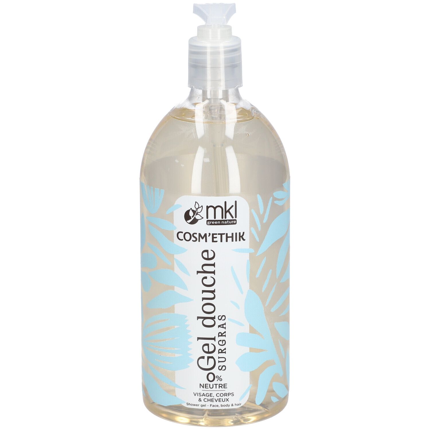 Flacon transparent avec pompe. Étiquette avec logo et nom du produit: Gel douche surgras Neutre 0%.