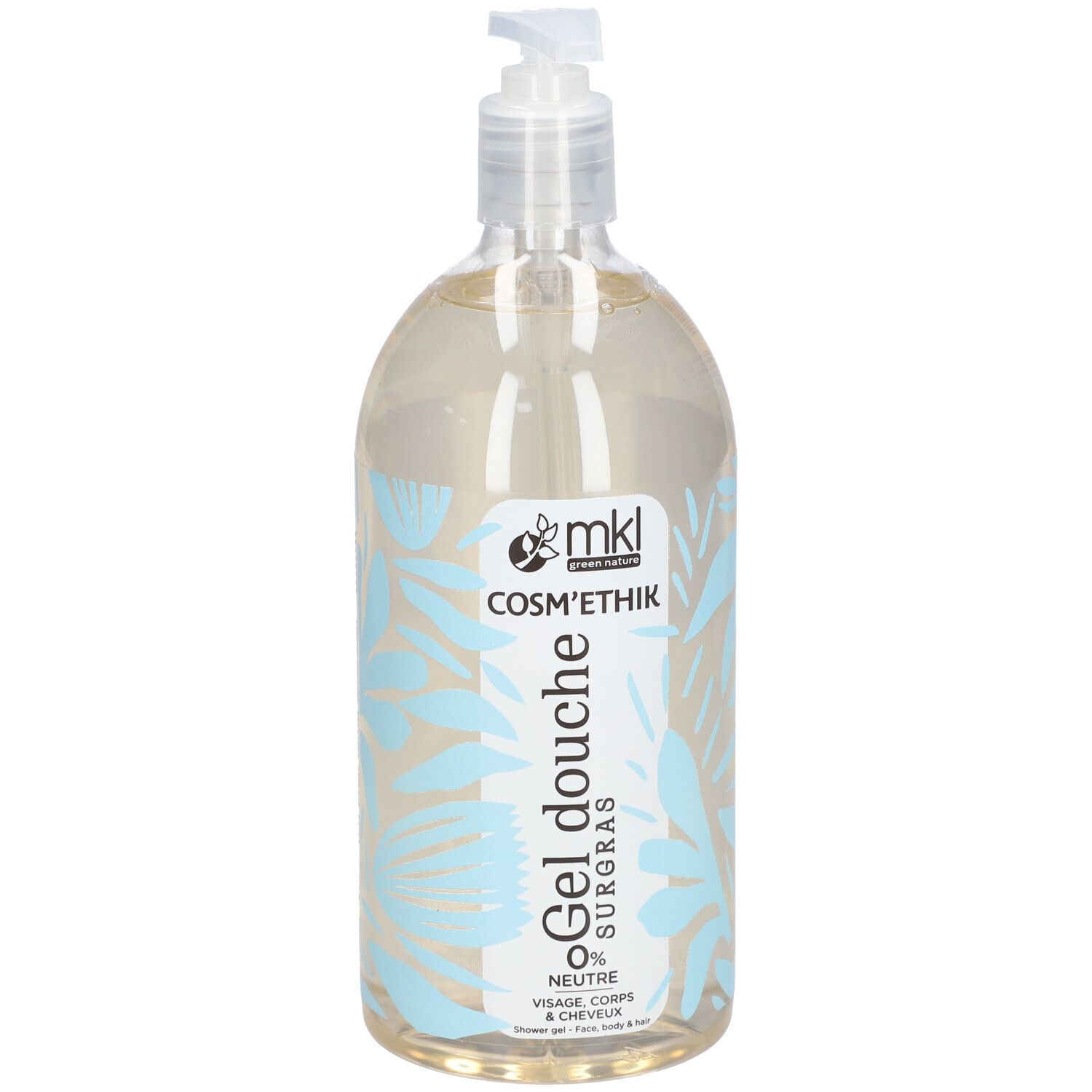 Flacon transparent avec pompe. Étiquette avec logo et nom du produit: Gel douche surgras Neutre 0%.