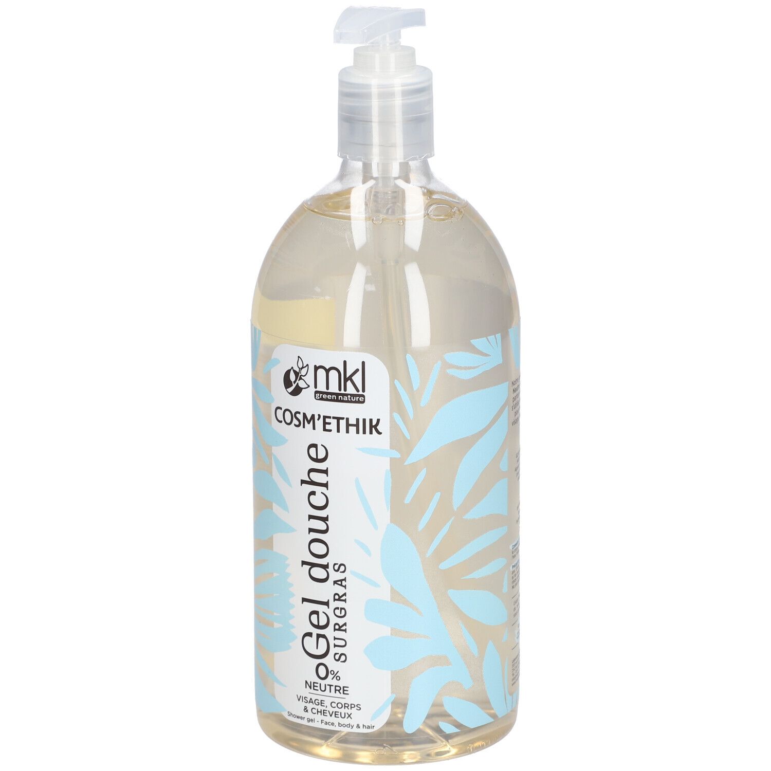 Flacon transparent avec pompe. Étiquette avec logo et nom du produit: Gel douche surgras Neutre 0%.