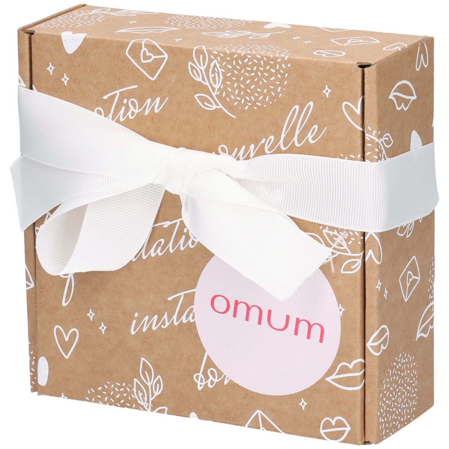 Arrière de la boîte cadeau OMUM avec informations produit.