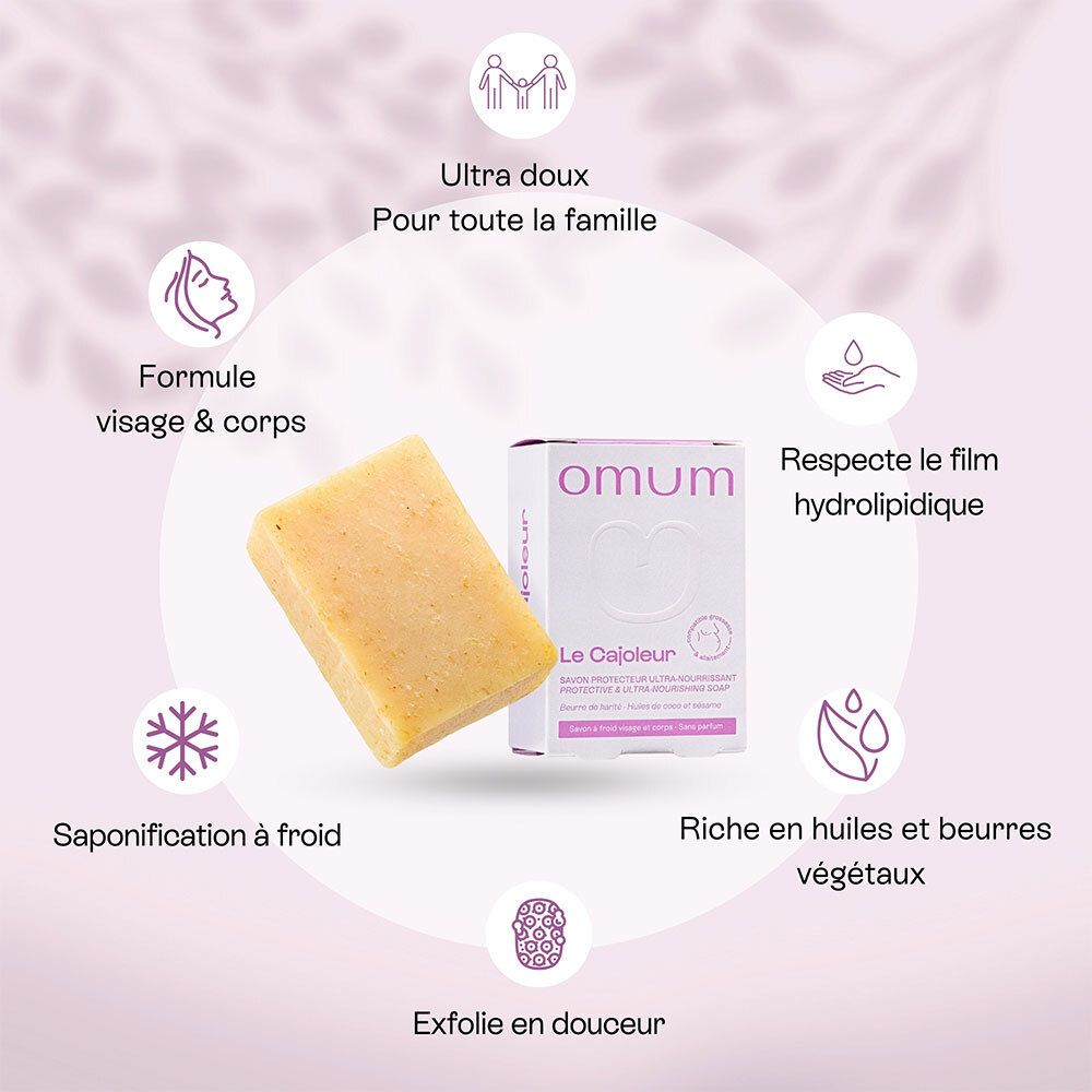 Savon OMUM et emballage : saponification à froid, pour visage et corps.