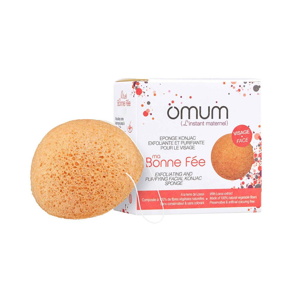 Éponge Konjac visage avec cordon, à côté de sa boîte.