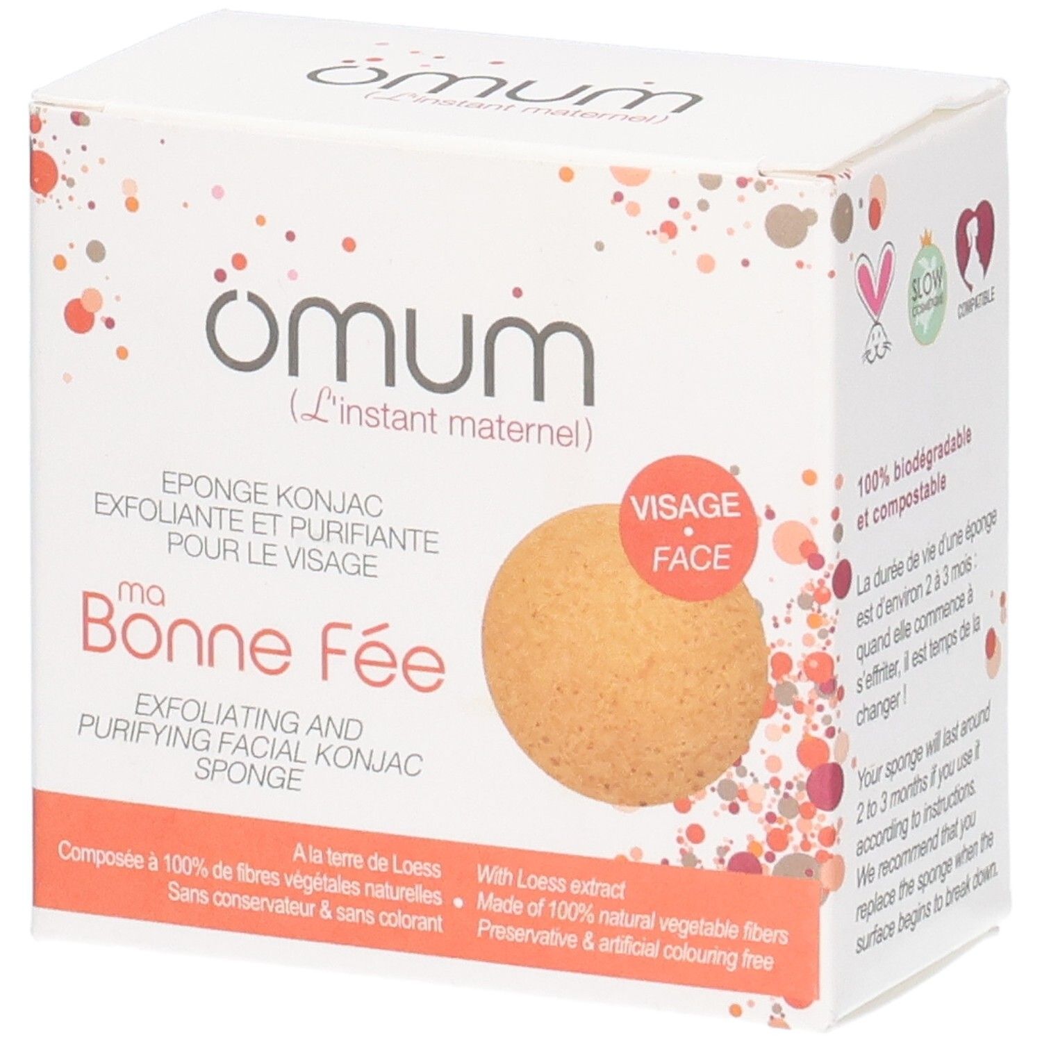 Boîte d'éponge Konjac visage avec informations produit.