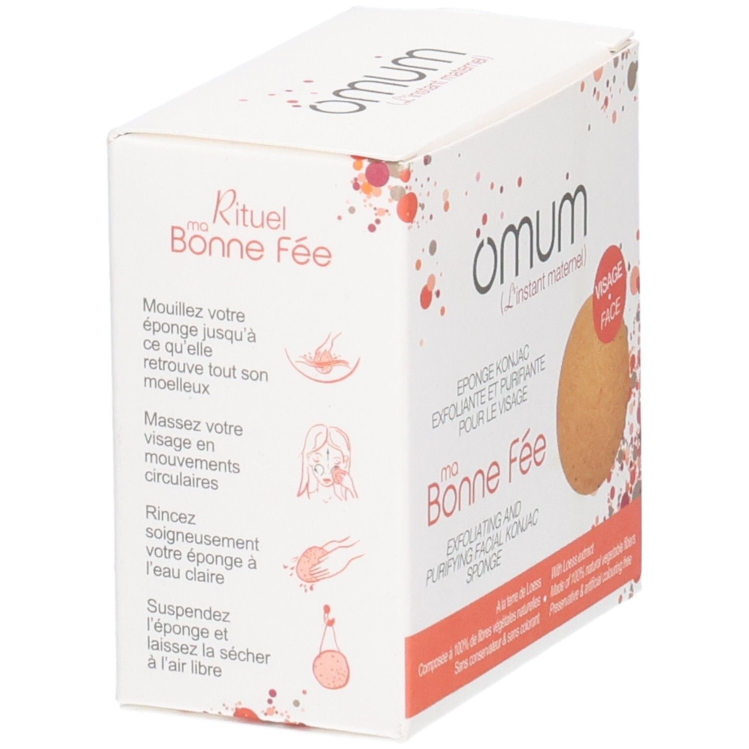 Boîte d'éponge Konjac visage avec instructions d'utilisation.