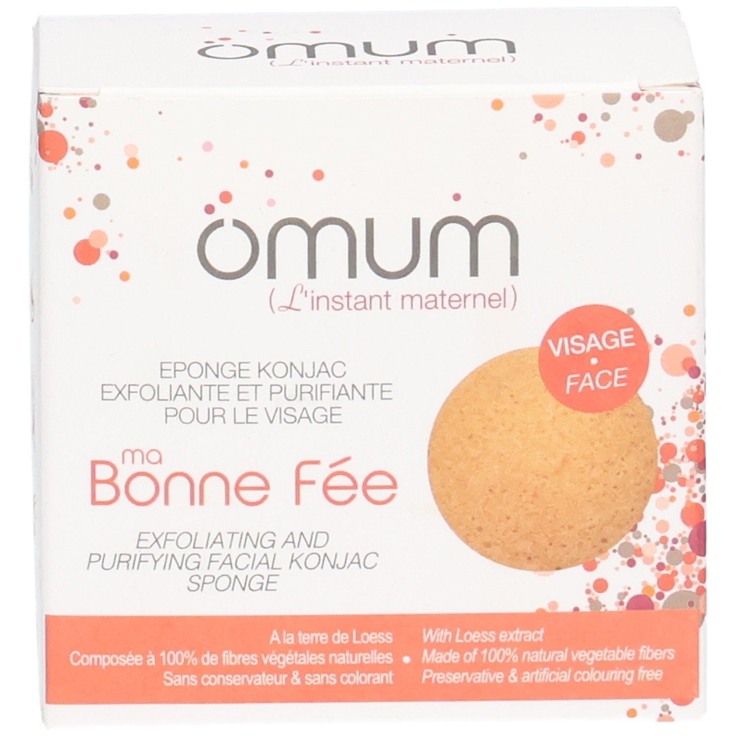 Boîte d'éponge Konjac visage avec nom produit et sceaux.