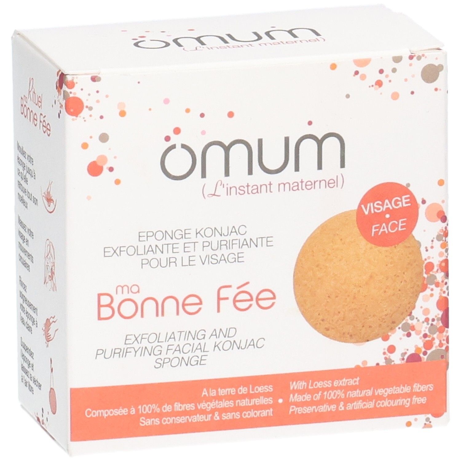 Boîte d'éponge Konjac visage avec nom produit et sceaux.