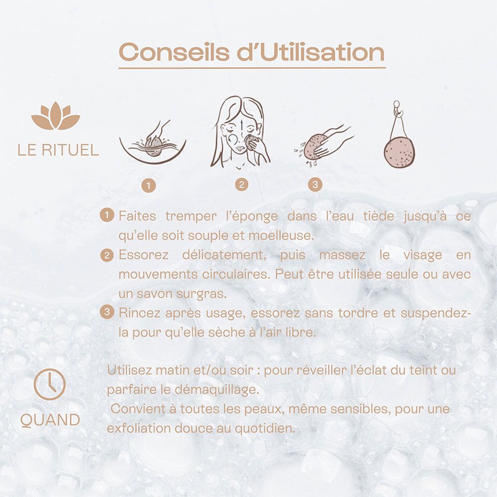 Instructions d'utilisation de l'éponge Konjac en trois étapes.