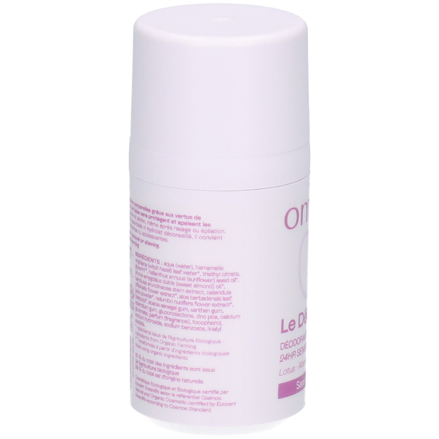 Arrière du déodorant OMUM Le Délicat avec liste des ingrédients.