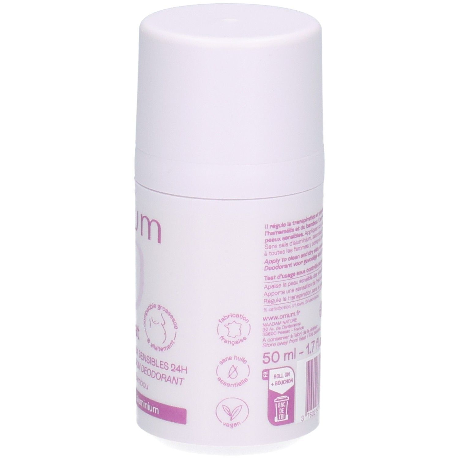 Arrière du déodorant OMUM Le Délicat: usage, labels, taille.