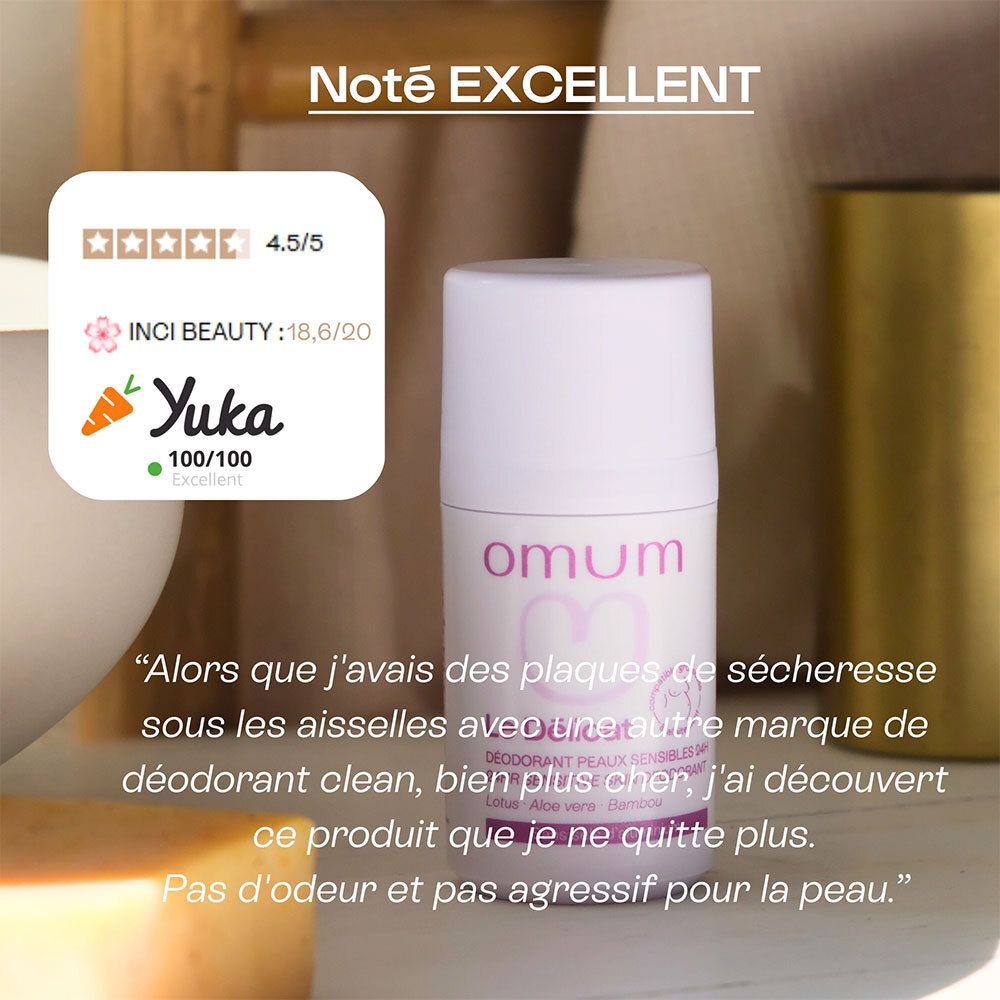Avis client déodorant OMUM: Yuka 100/100, 4.5/5 étoiles.