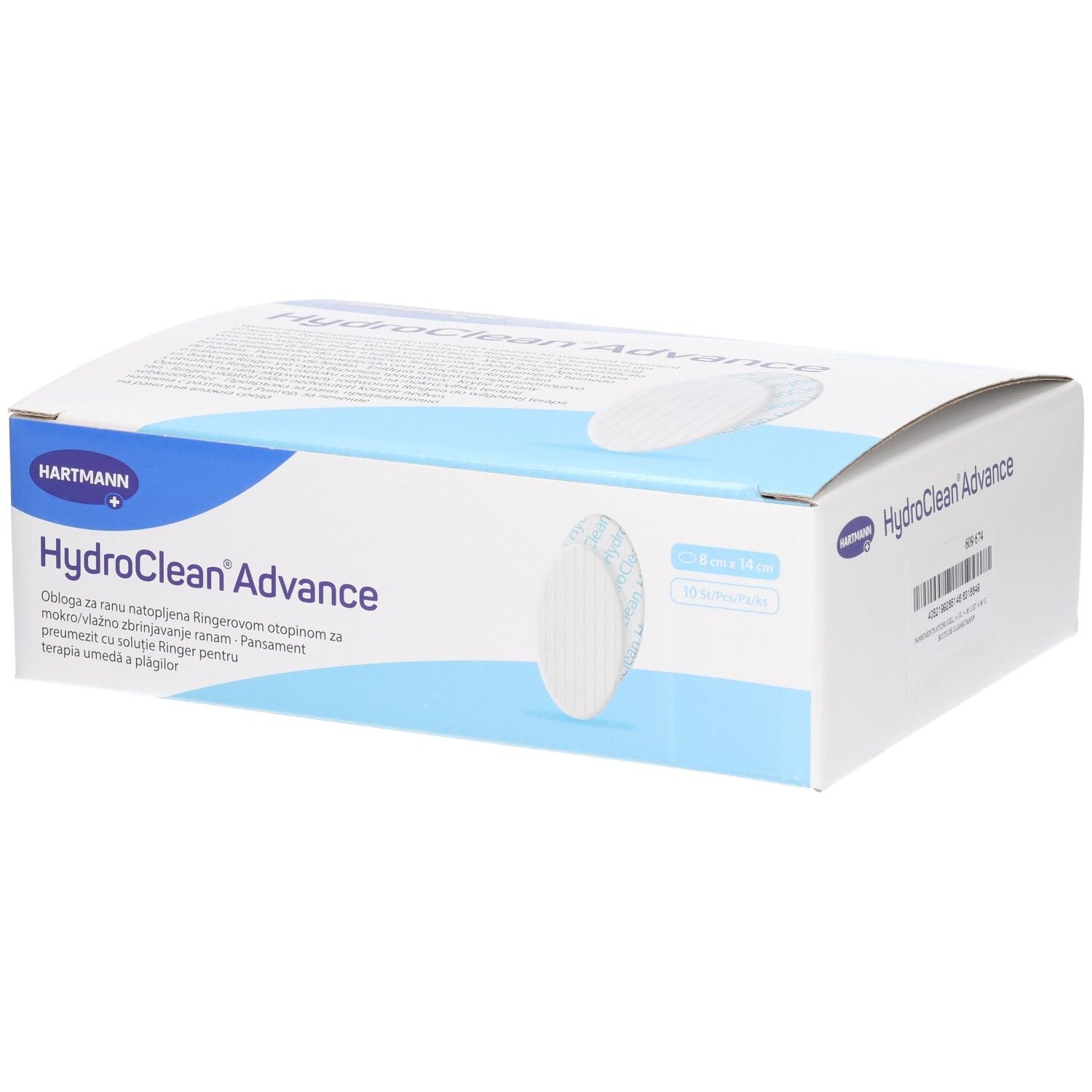 Boîte de HydroClean Advance. Carton blanc et bleu. Nom du produit et logo Hartmann visibles. Pansement hydrogel.