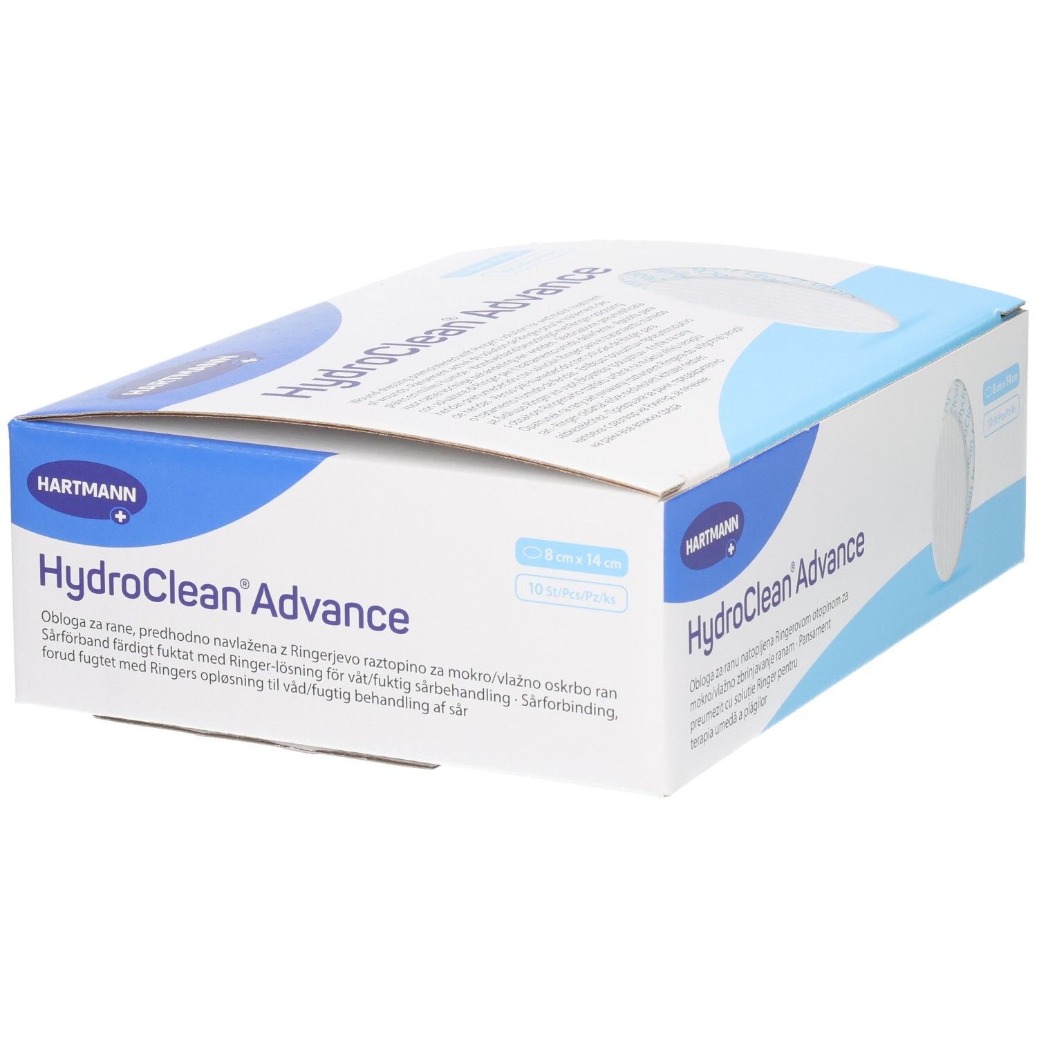 Boîte de HydroClean Advance. Carton blanc et bleu. Nom du produit et logo Hartmann. Dimensions 8x14 cm.
