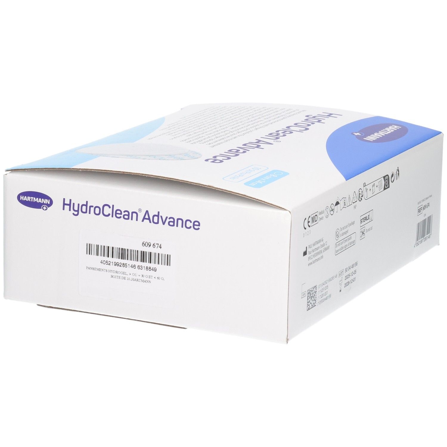 Boîte de HydroClean Advance. Carton blanc et bleu. Nom du produit et logo Hartmann. Code produit.