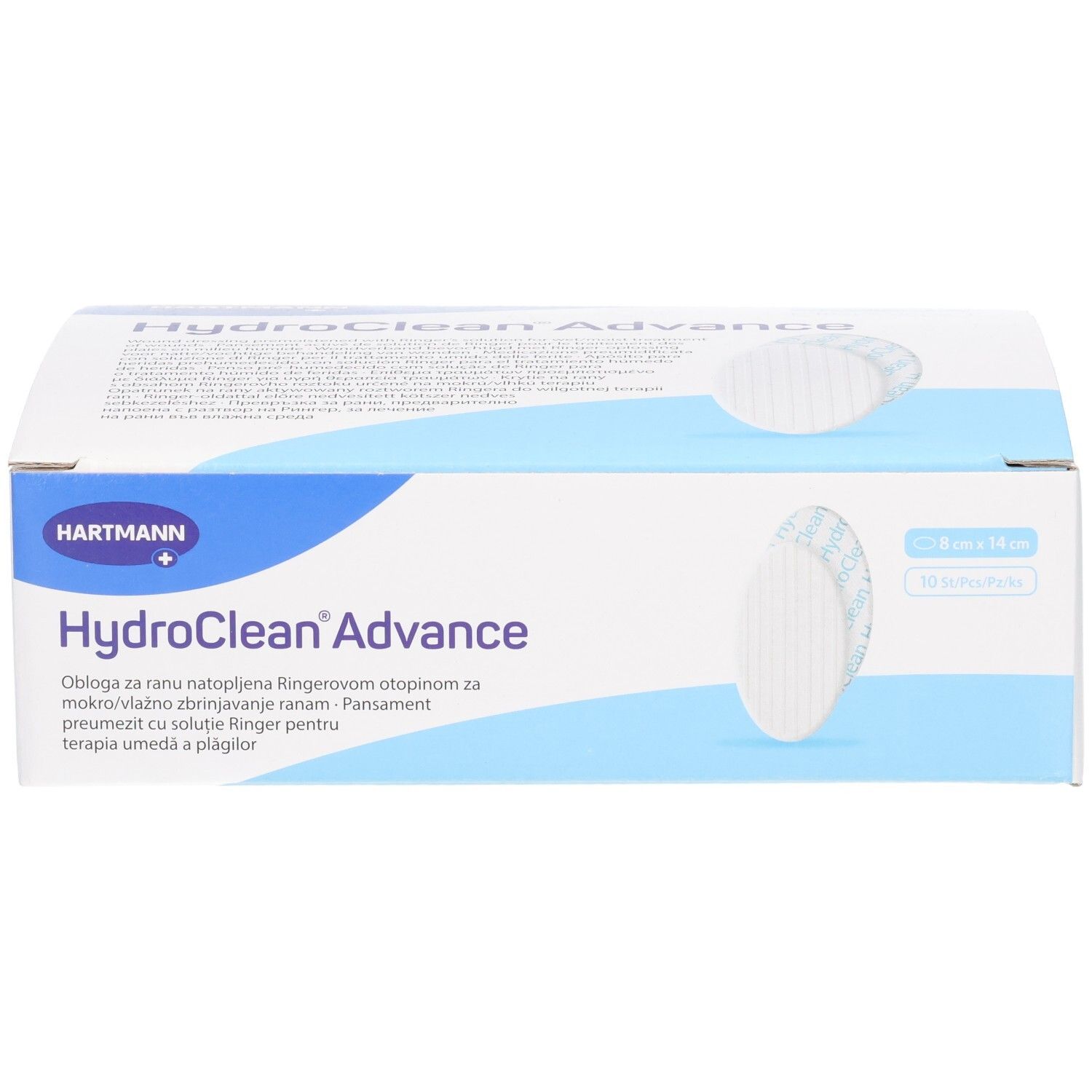 Boîte de HydroClean Advance. Carton blanc et bleu. Nom du produit et logo Hartmann. Dimensions 8x14 cm.
