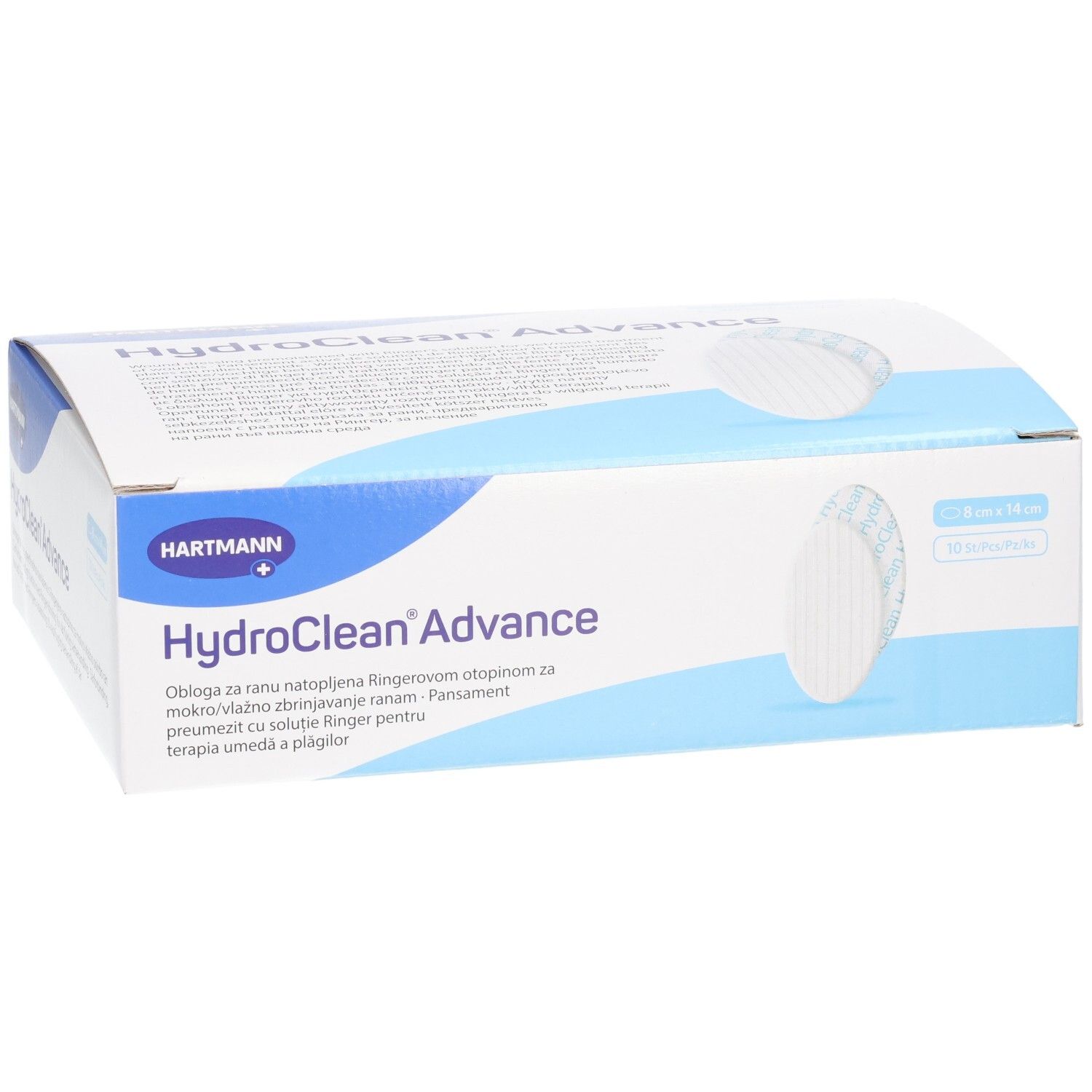 Boîte de HydroClean Advance. Carton blanc et bleu. Nom du produit et logo Hartmann. Image du produit visible.