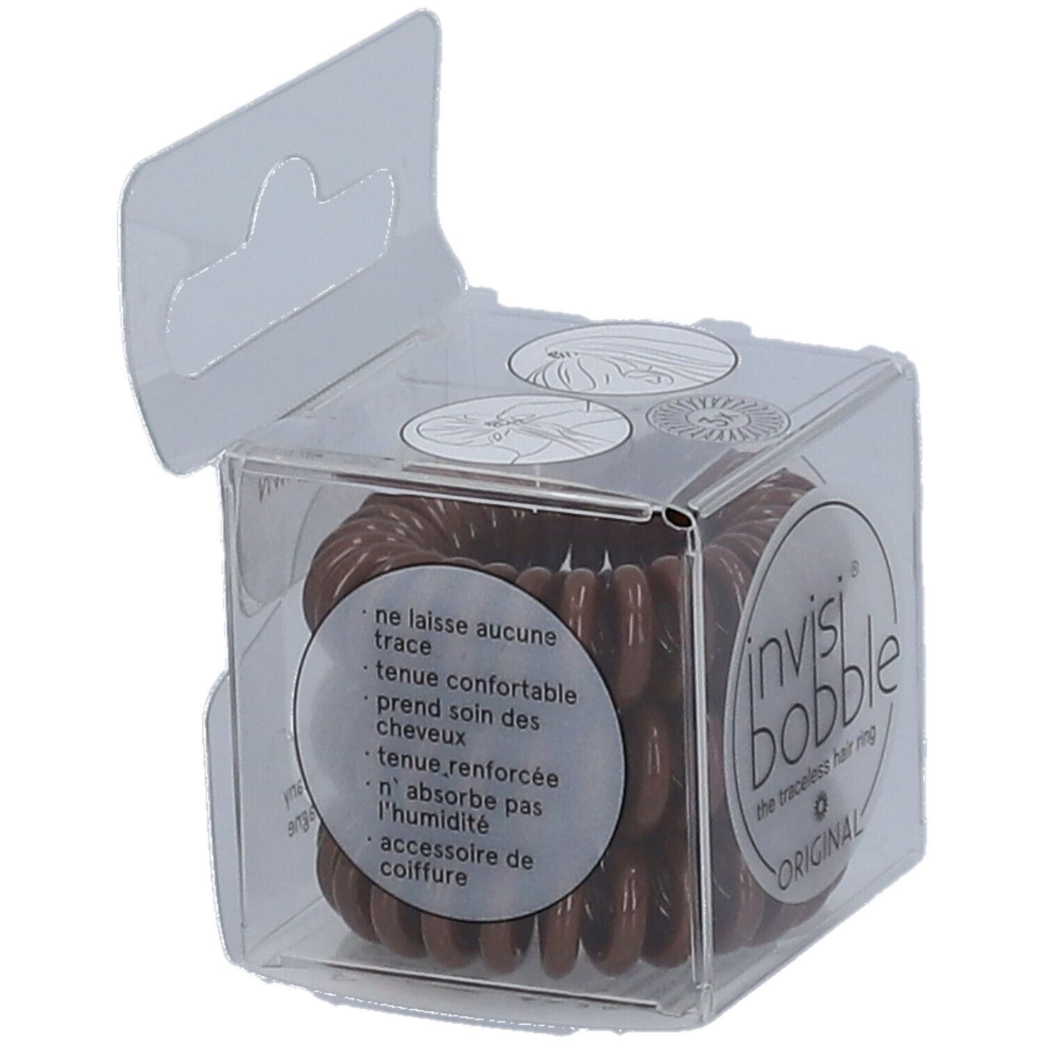 Elastique à cheveux invisibobble® Original Pretzel Brown dans un emballage transparent. Inscription: ne laisse aucune trace, tenue confortable, prend soin des cheveux.