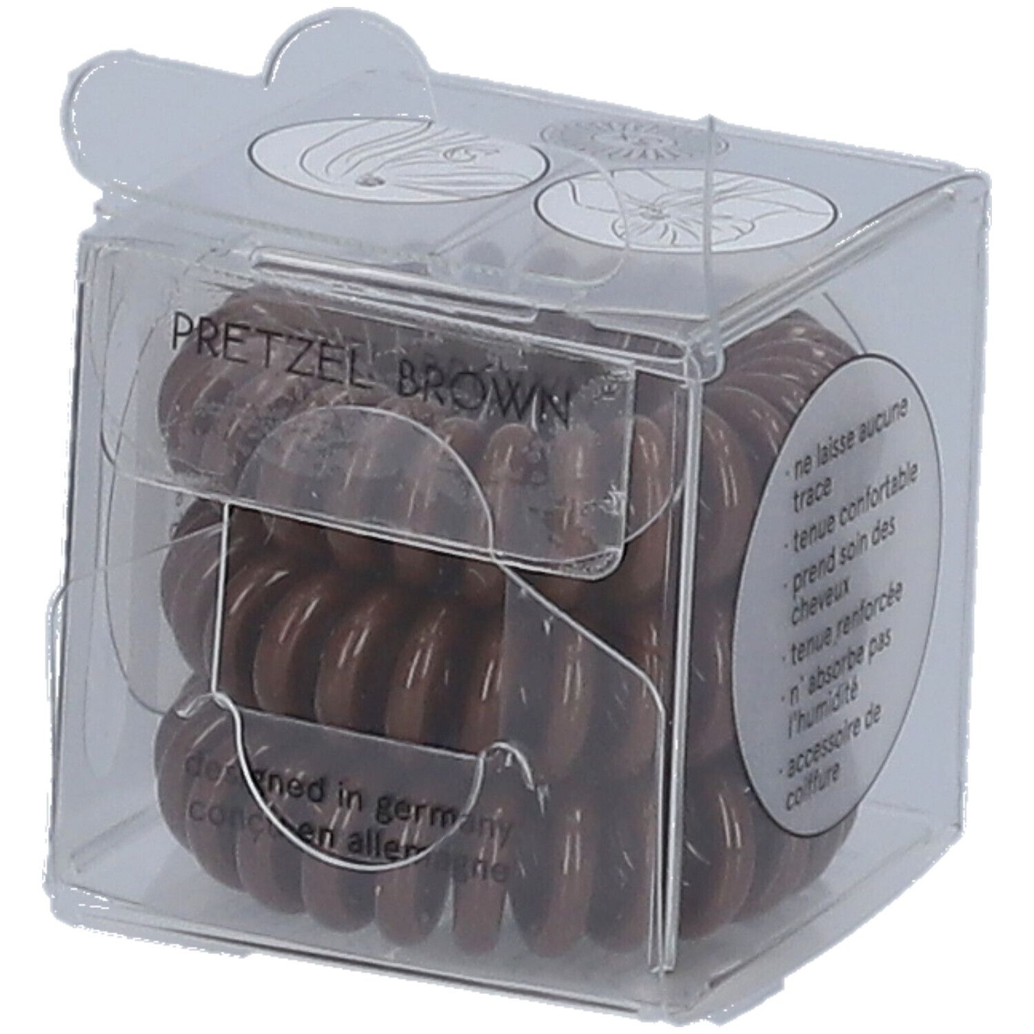 Elastique à cheveux invisibobble® Original Pretzel Brown dans un emballage transparent. Inscription: Pretzel Brown, designed in Germany, traceless, strong grip.