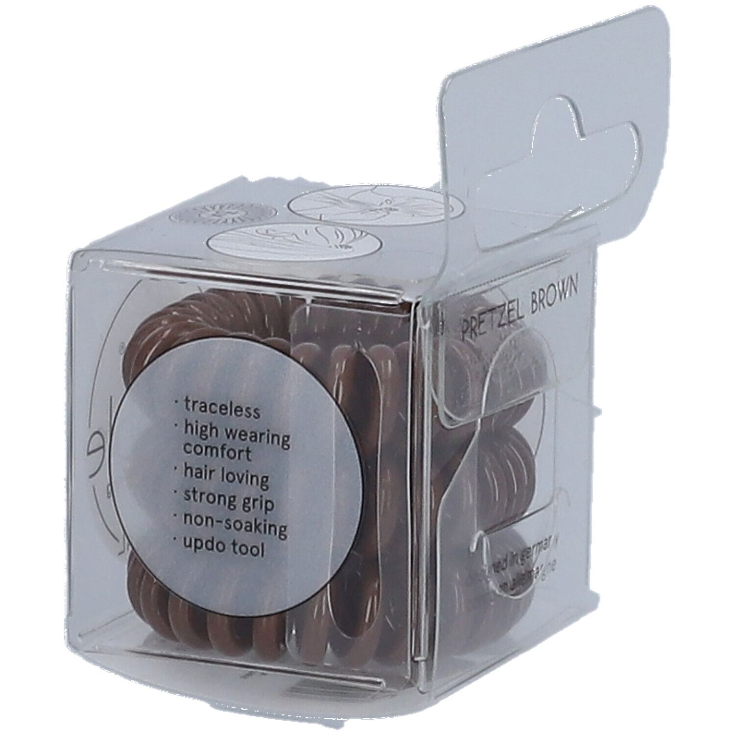 Elastique à cheveux invisibobble® Original Pretzel Brown dans un emballage transparent. Inscription: Pretzel Brown, traceless, high wearing, comfort, hair loving.