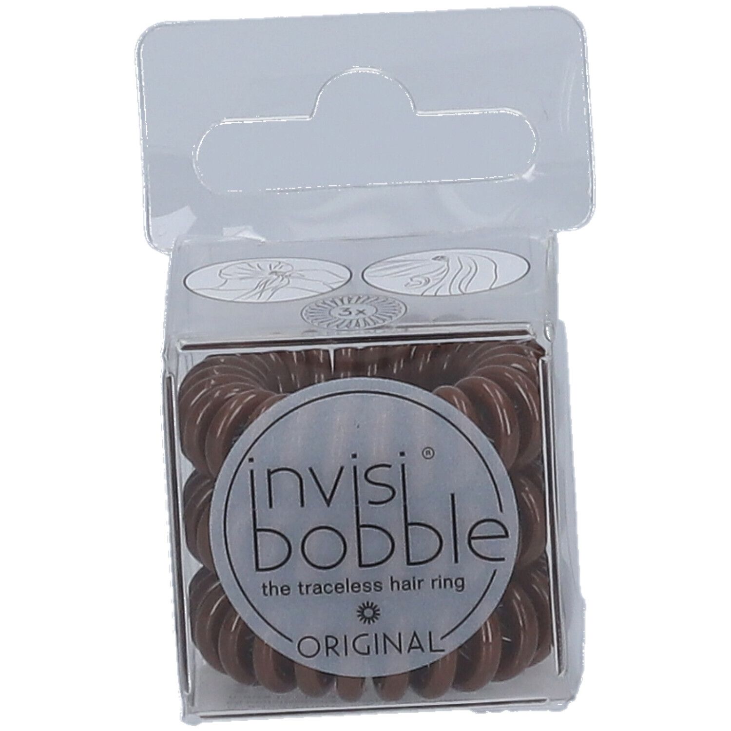 Elastique à cheveux invisibobble® Original Pretzel Brown dans un emballage transparent. Inscription: invisibobble, the traceless hair ring, ORIGINAL.