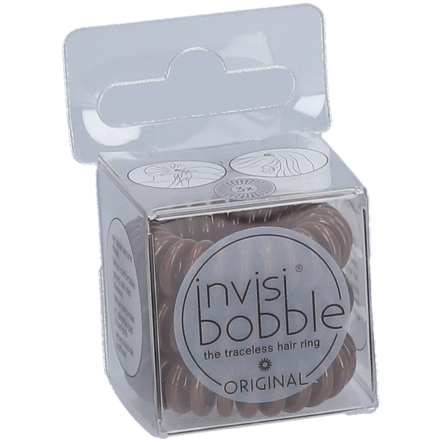 Elastique à cheveux invisibobble® Original Pretzel Brown dans un emballage transparent. Inscription: invisibobble, the traceless hair ring, ORIGINAL.
