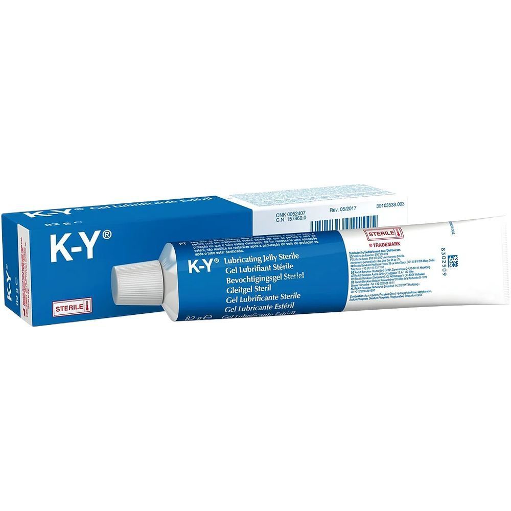 K-Y® Gel Lubrifiant Stérile. Tube et boîte. Emballage bleu et blanc. Logo Stérile. Nom du produit et marque visibles.