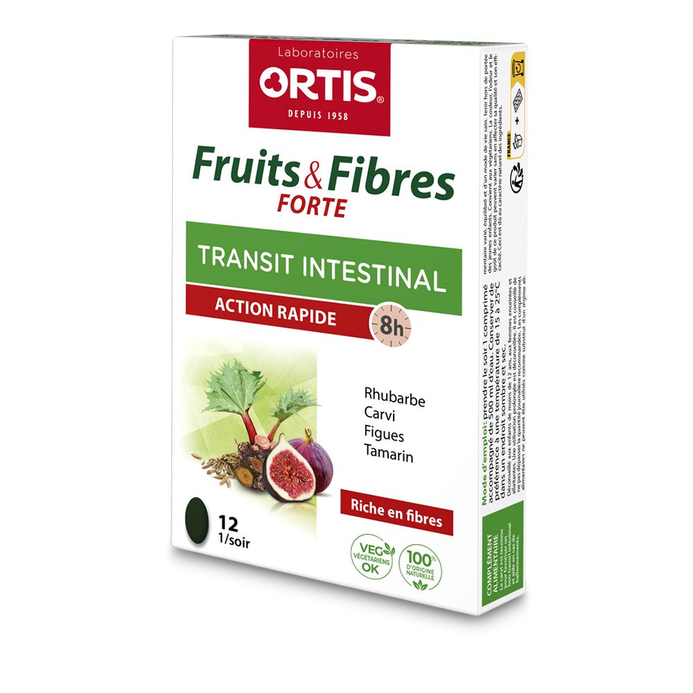 Boîte Ortis Fruits & Fibres Forte. Inscription: Transit Intestinal, Action Rapide 8h. Illustration de rhubarbe, figues et tamarin.