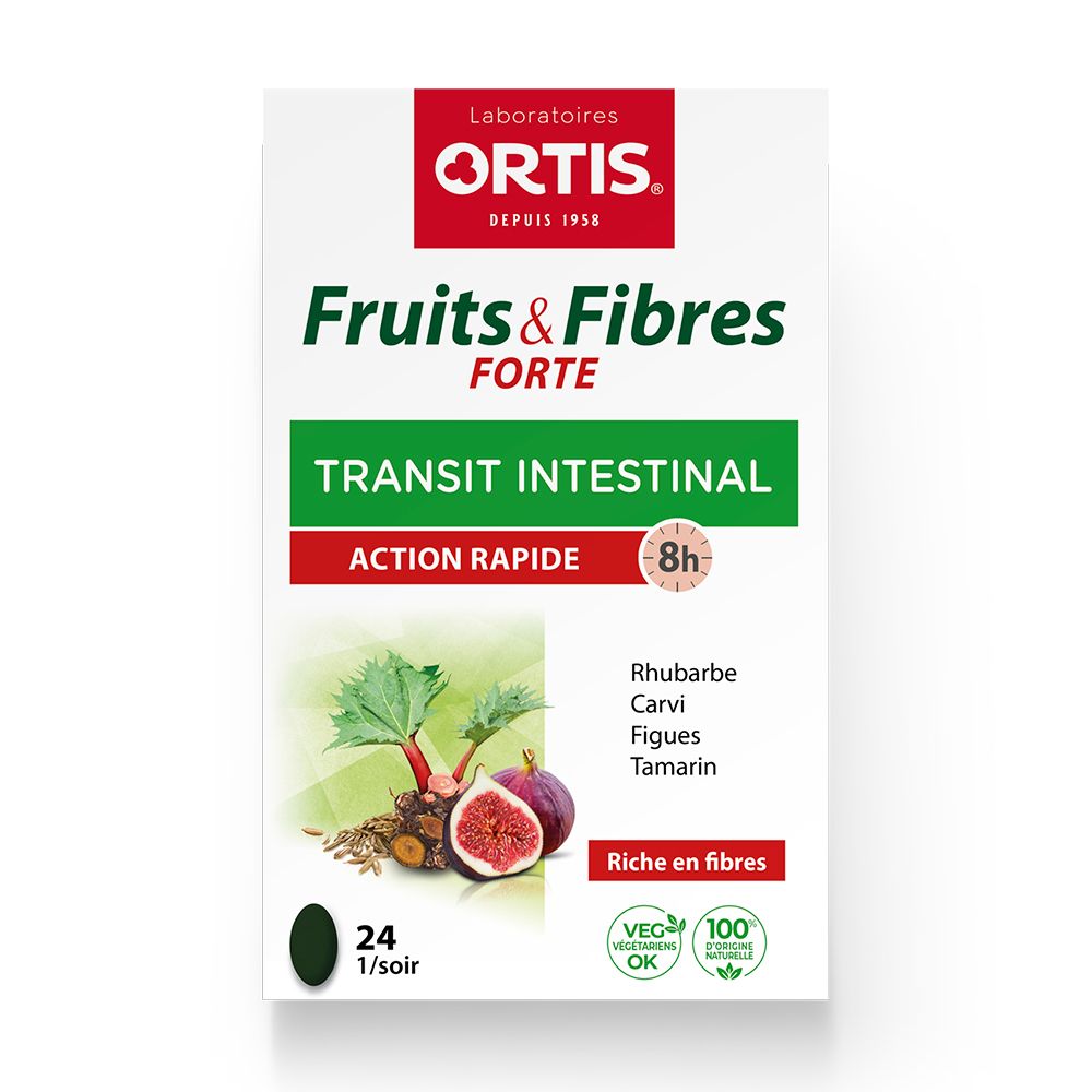 Boîte Ortis Fruits & Fibres Forte. Inscription: Transit Intestinal, Action Rapide 8h. Contient 24 comprimés. Illustration de rhubarbe, figues et tamarin.