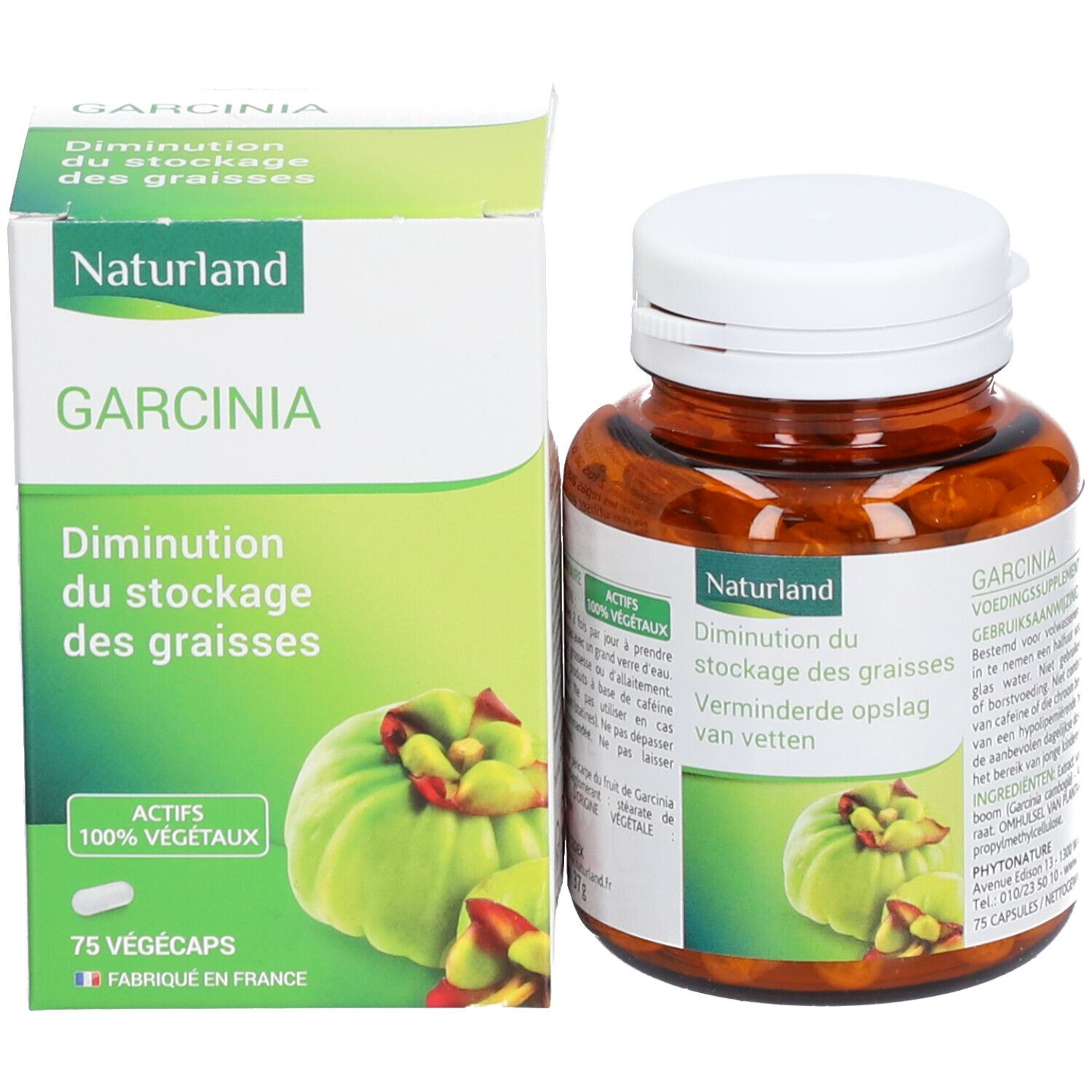 Flacon brun et boîte. Sur la boîte: nom du produit, illustration de Garcinia, logo Naturland. Flacon avec gélules.