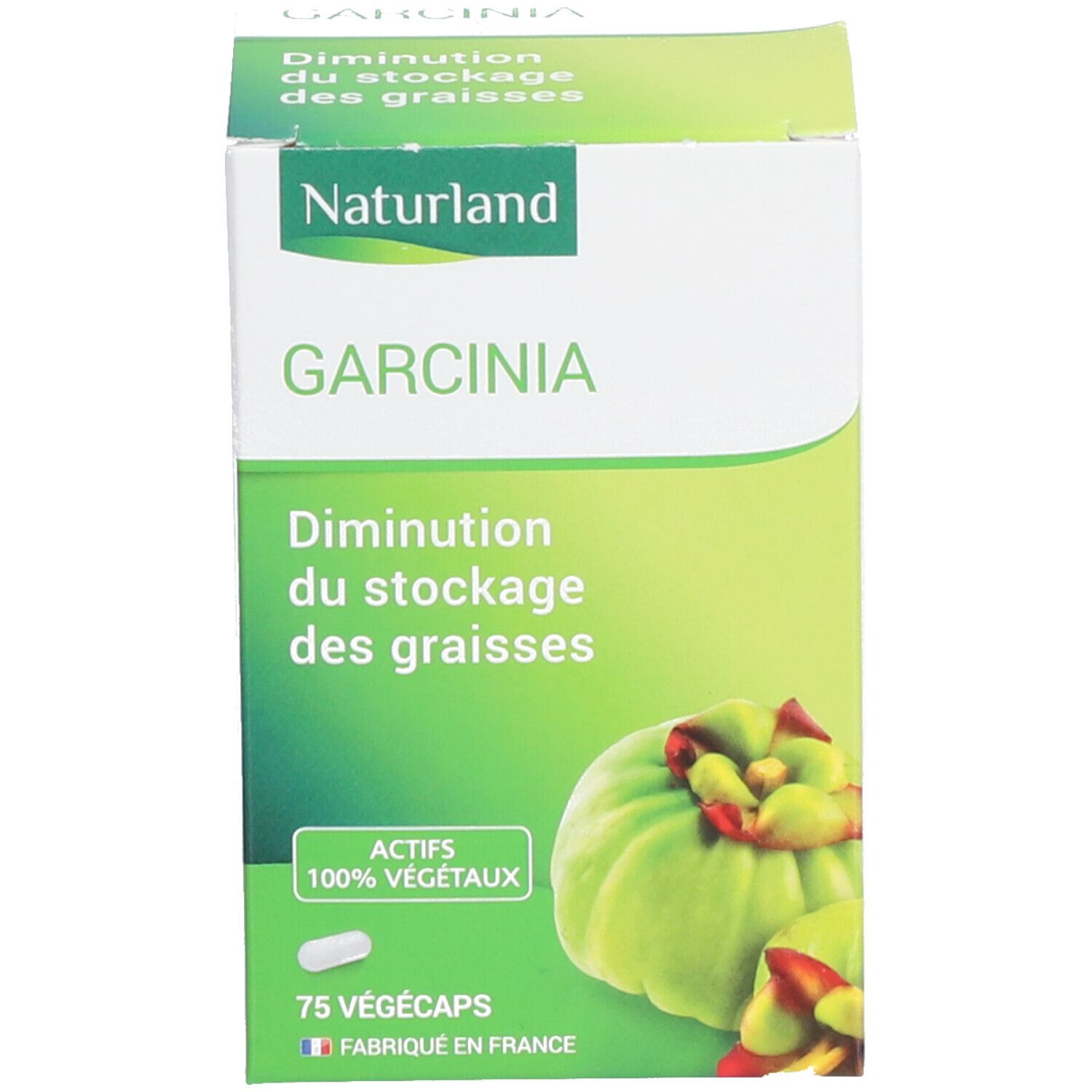 Boîte blanche avec informations produit et illustration de Garcinia. Logo Naturland. 75 gélules.
