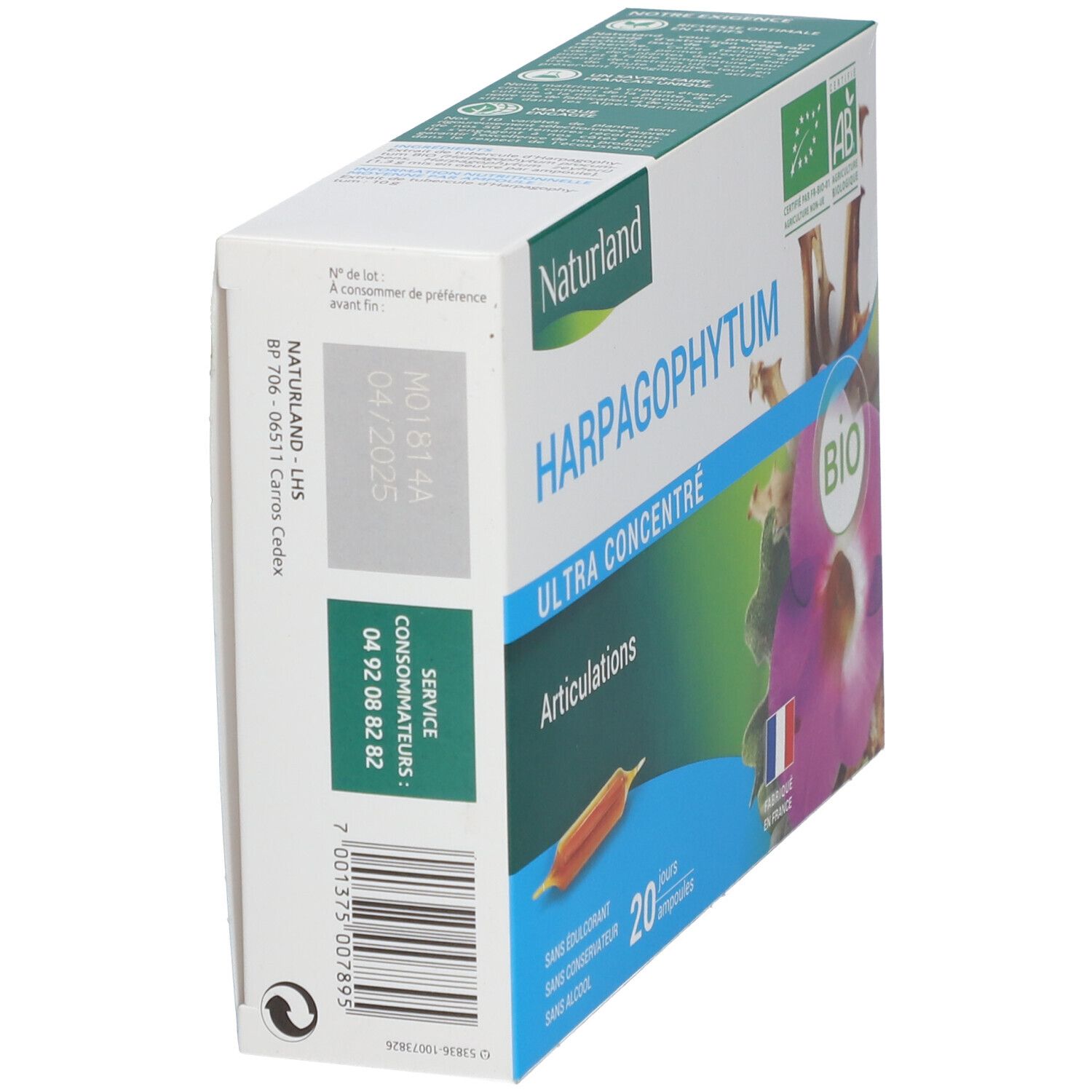 Vue latérale de l'emballage Naturland Harpagophytum. Texte: Ultra concentré, Articulations, 20 ampoules. Label Bio. Code-barres et date limite.