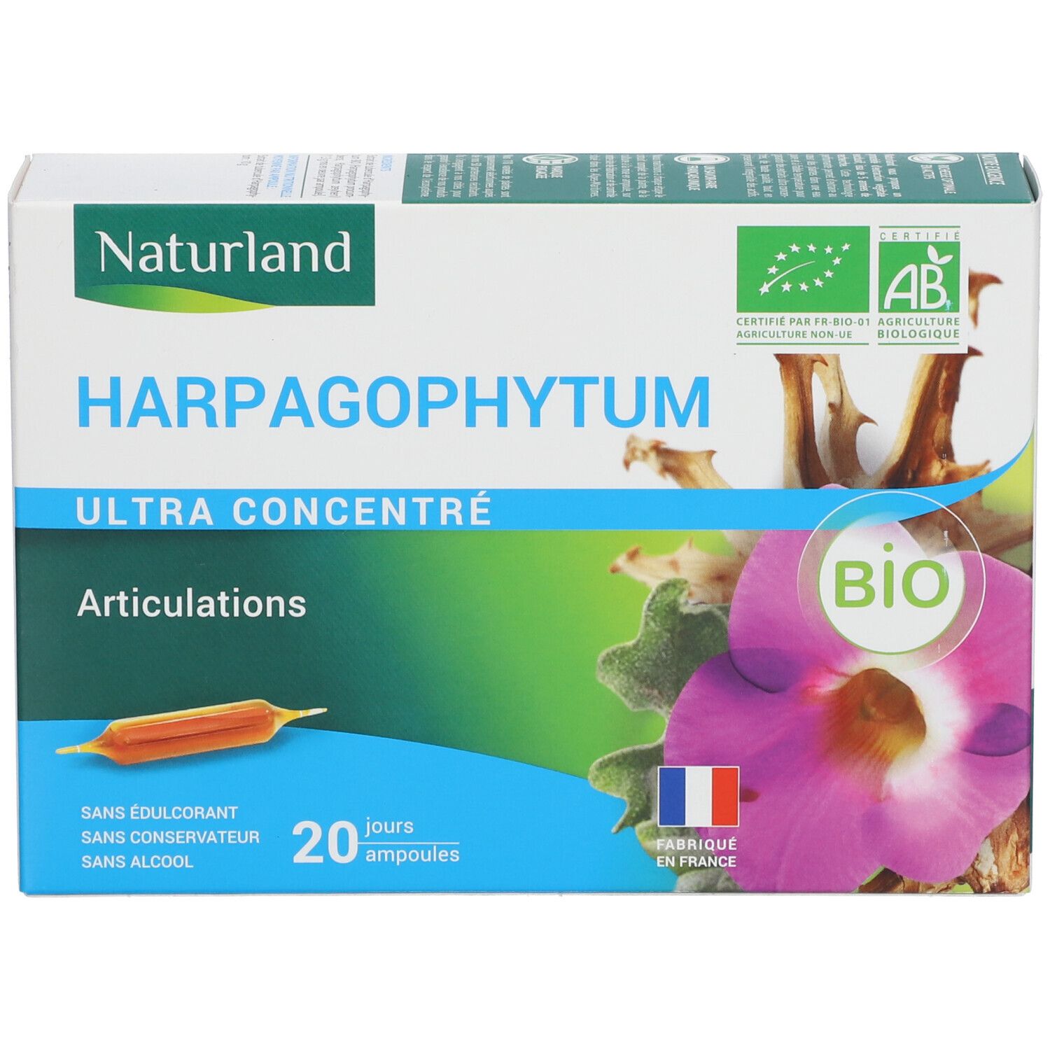 Boîte Naturland Harpagophytum. Inscription: Ultra concentré, Articulations, 20 ampoules. Label Bio, drapeau français.