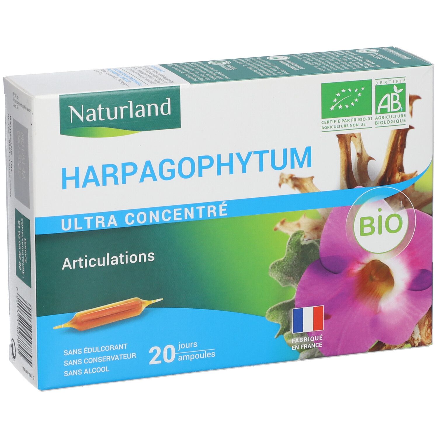 Boîte Naturland Harpagophytum. Inscription: Ultra concentré, Articulations, 20 ampoules. Label Bio, drapeau français.