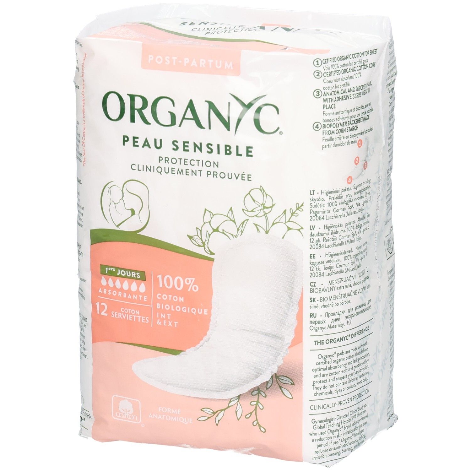 Serviettes maternité Organyc, 12 pièces. Coton bio 100%, forme anatomique.