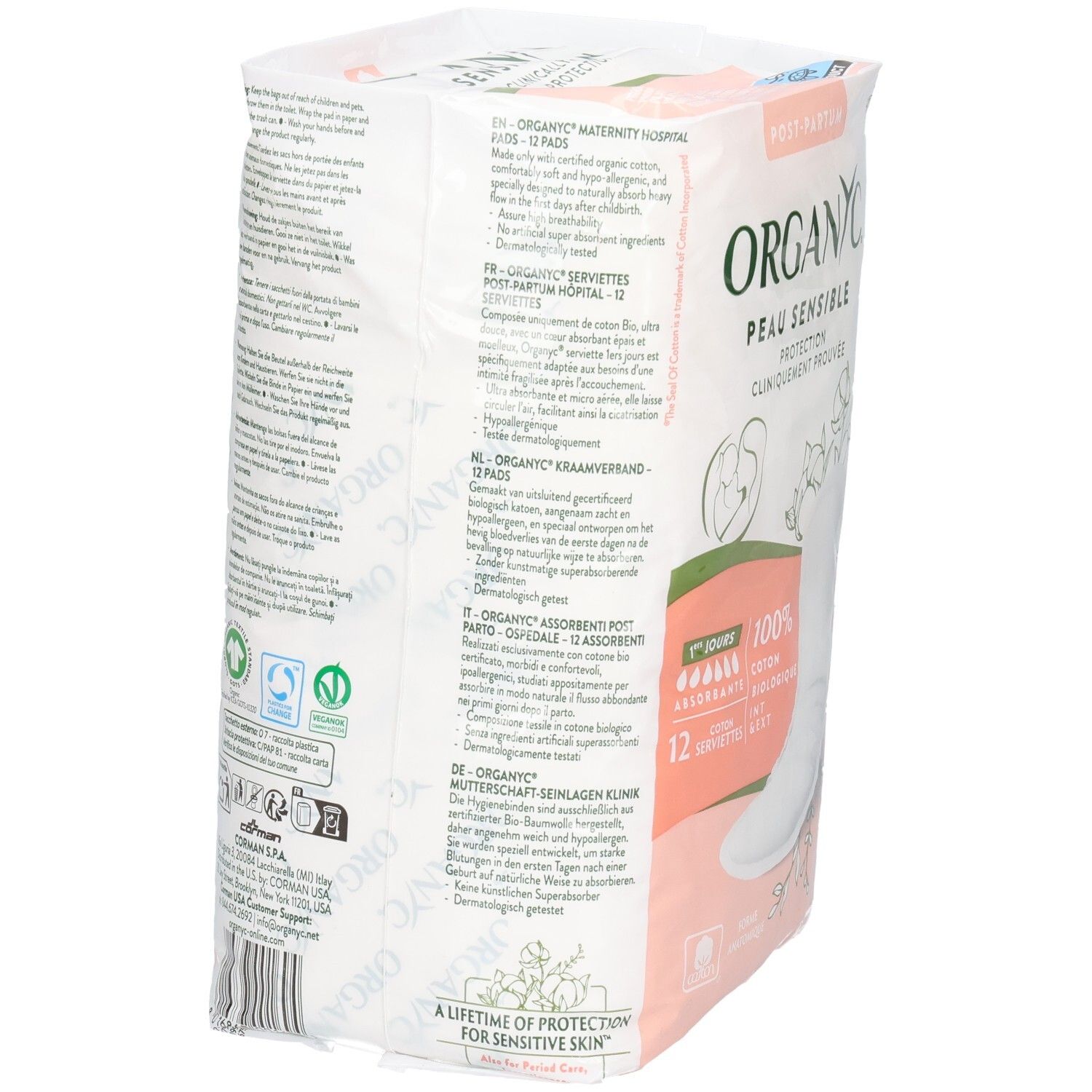 Serviettes maternité Organyc, 12 pièces. Dos avec informations produit et certifications.