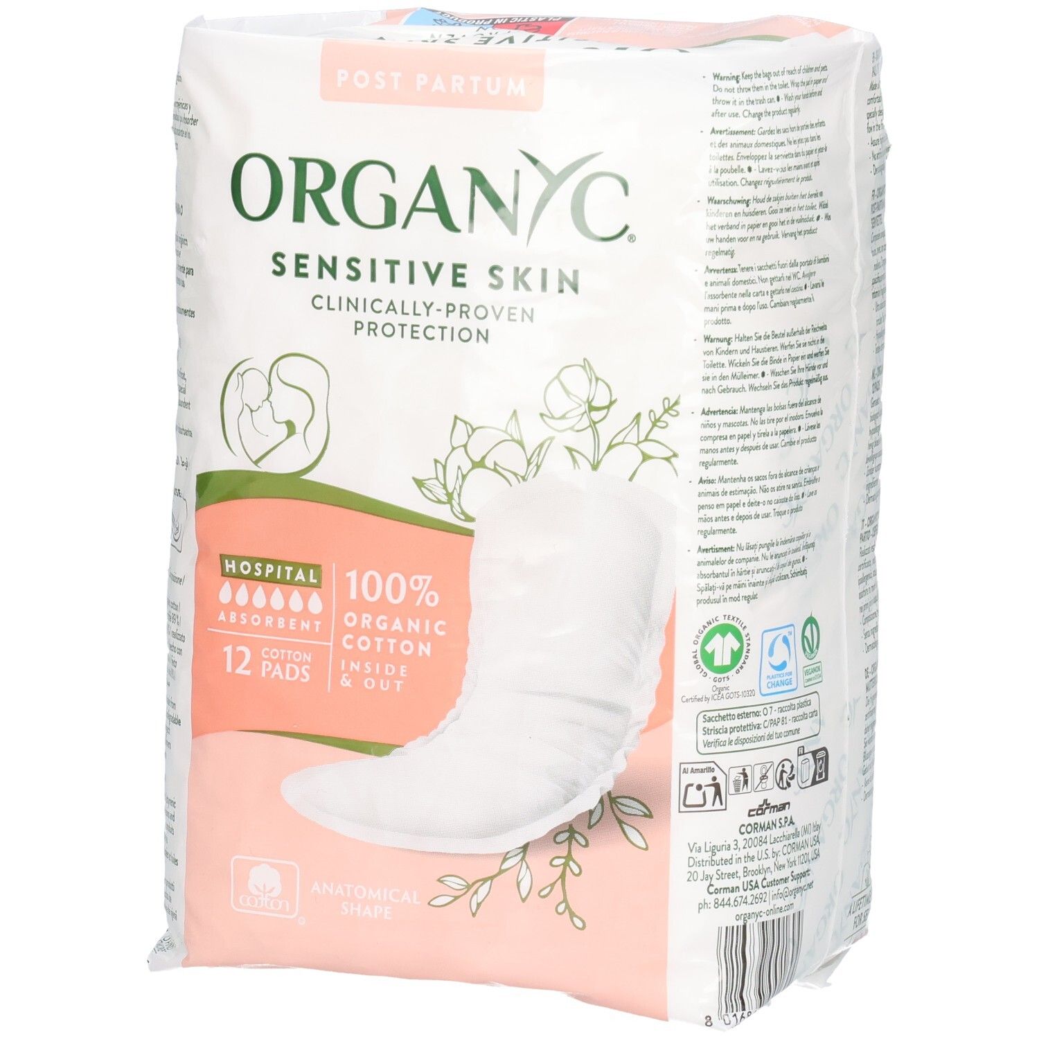 Serviettes Organyc Sensitive Skin, 12 pièces. Protection cliniquement prouvée, coton bio 100%.