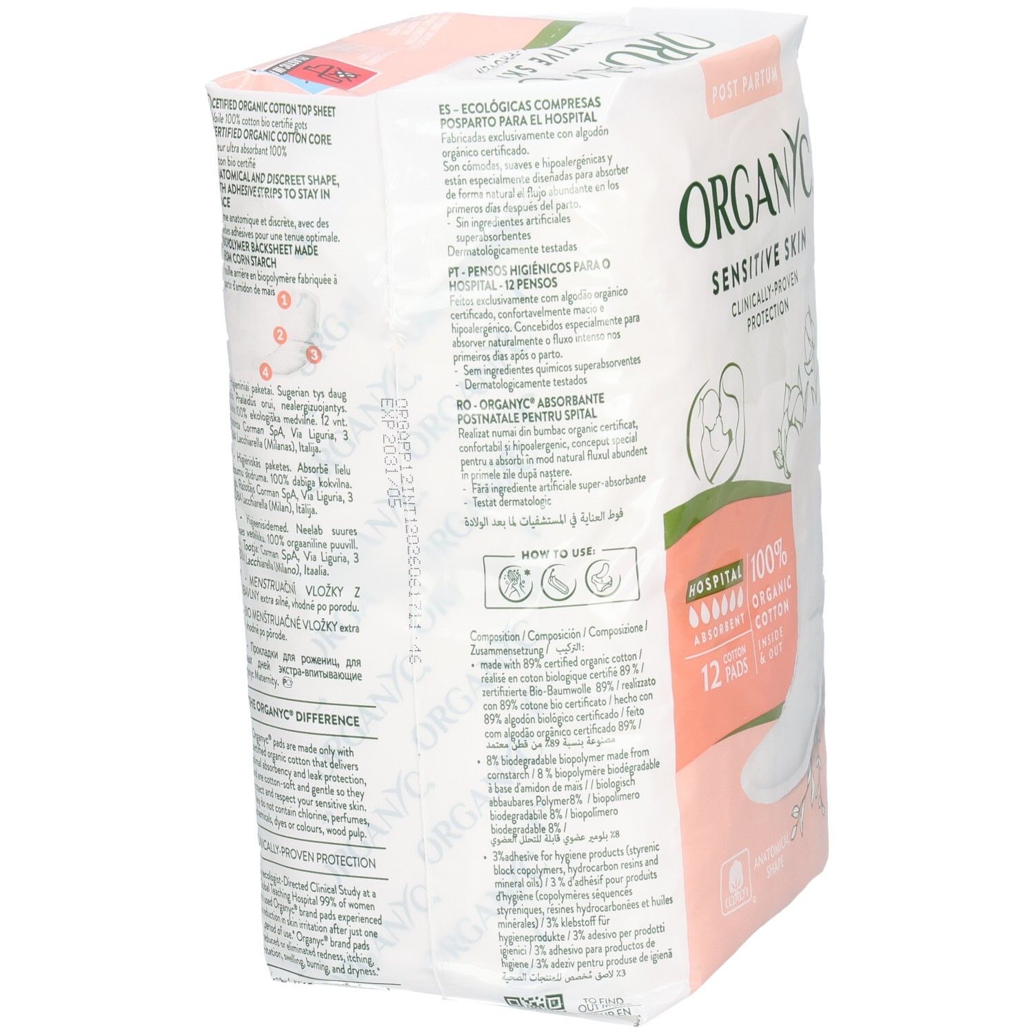 Serviettes Organyc, 12 pièces. Emballage avec informations produit multilingues et labels.