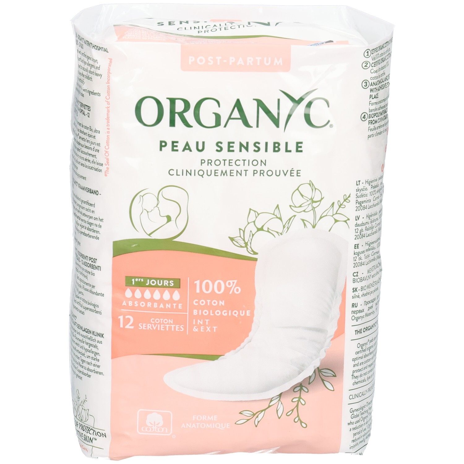 Serviettes maternité Organyc, 12 pièces. Coton bio 100%, forme anatomique, peau sensible.