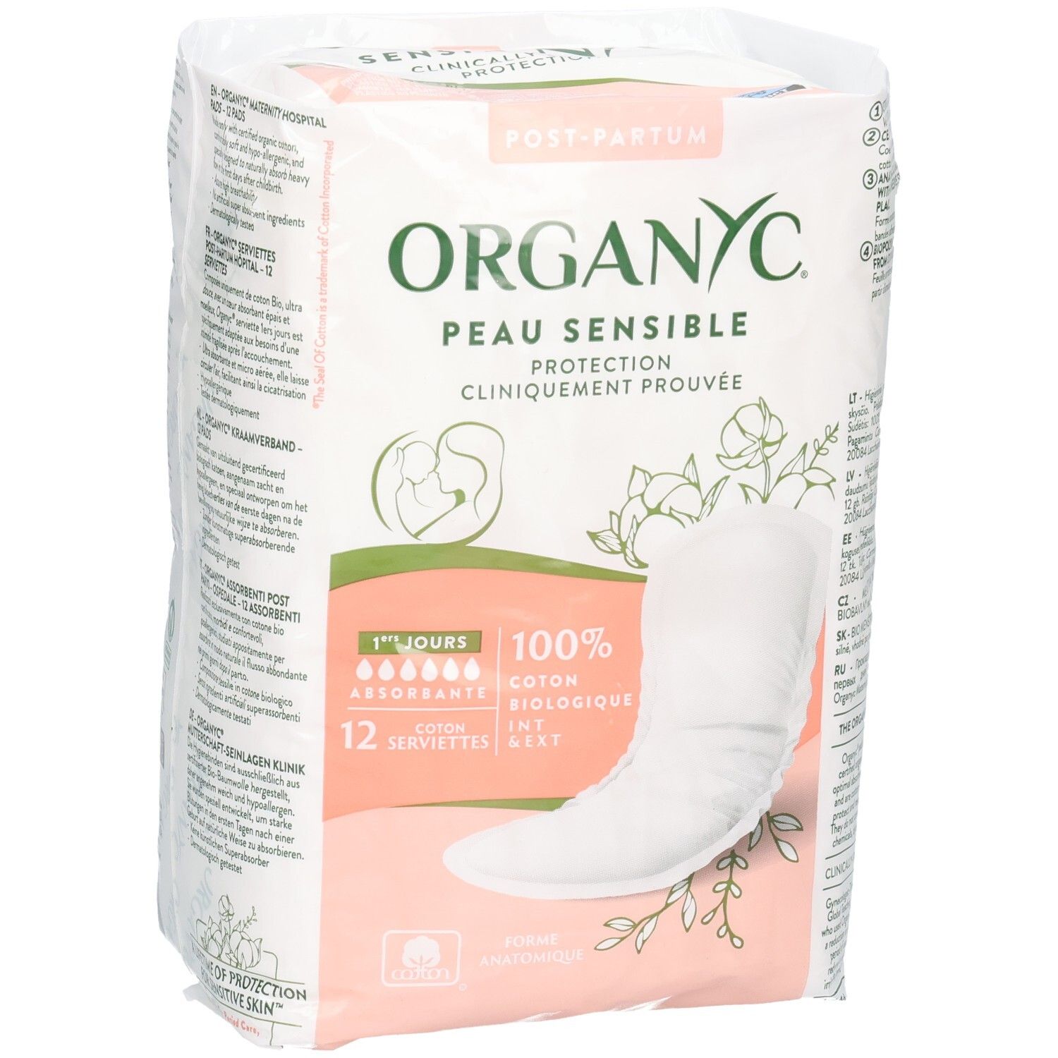 Serviettes Organyc, 12 pièces. Emballage avec logo, image produit et indications.