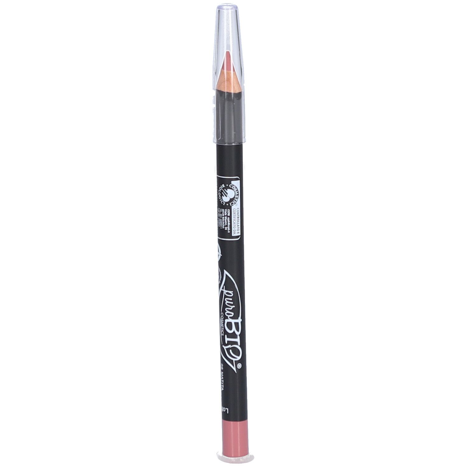 Crayon à lèvres double face, Rose Mauve. Crayon noir avec extrémité rose et capuchon. Marque visible.