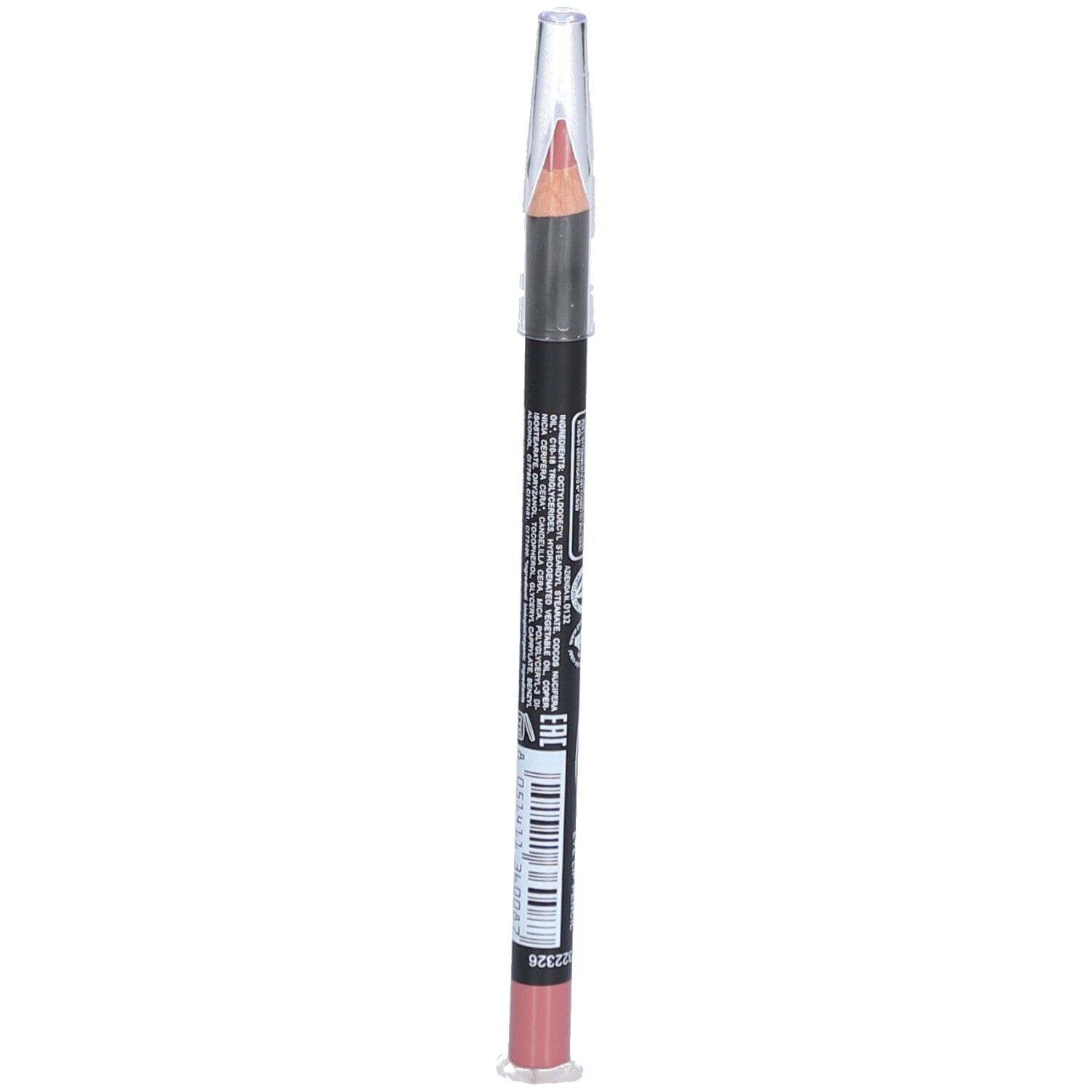 Crayon à lèvres double face, Rose Mauve. Crayon noir avec extrémité rose et capuchon. Marque visible.
