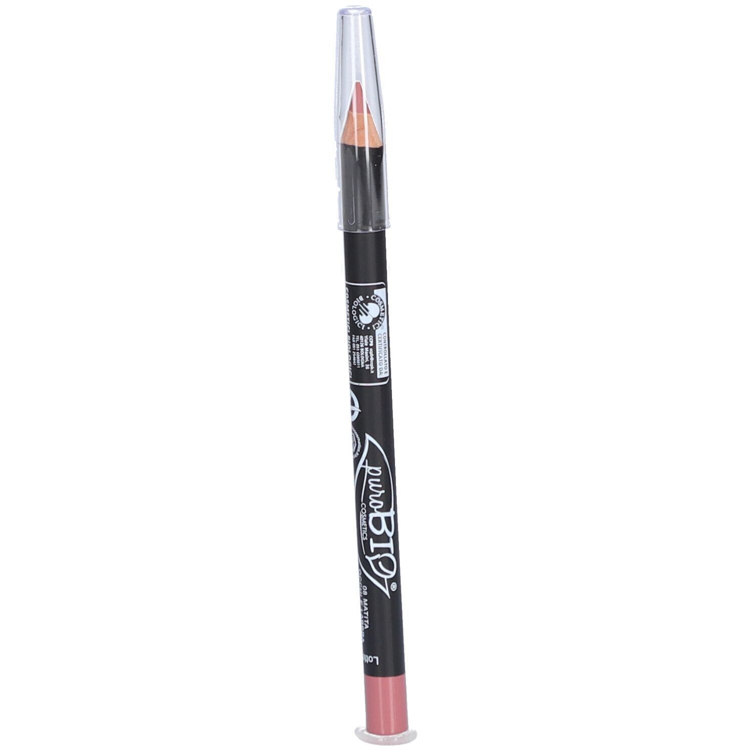 Crayon à lèvres double face, Rose Mauve. Crayon noir avec extrémité rose et capuchon. Marque visible.