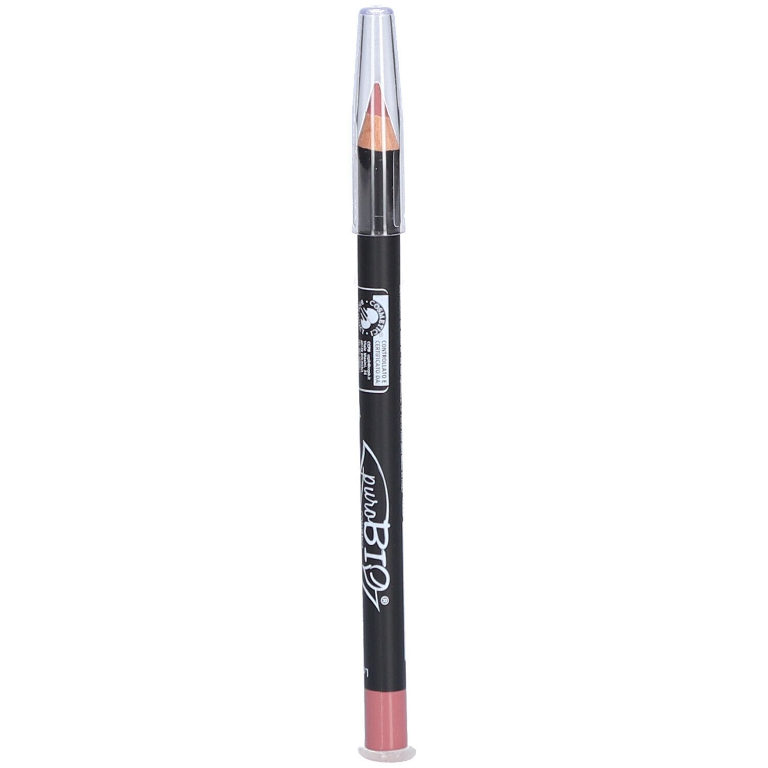 Crayon à lèvres double face, Rose Mauve. Crayon noir avec extrémité rose et capuchon. Marque visible.