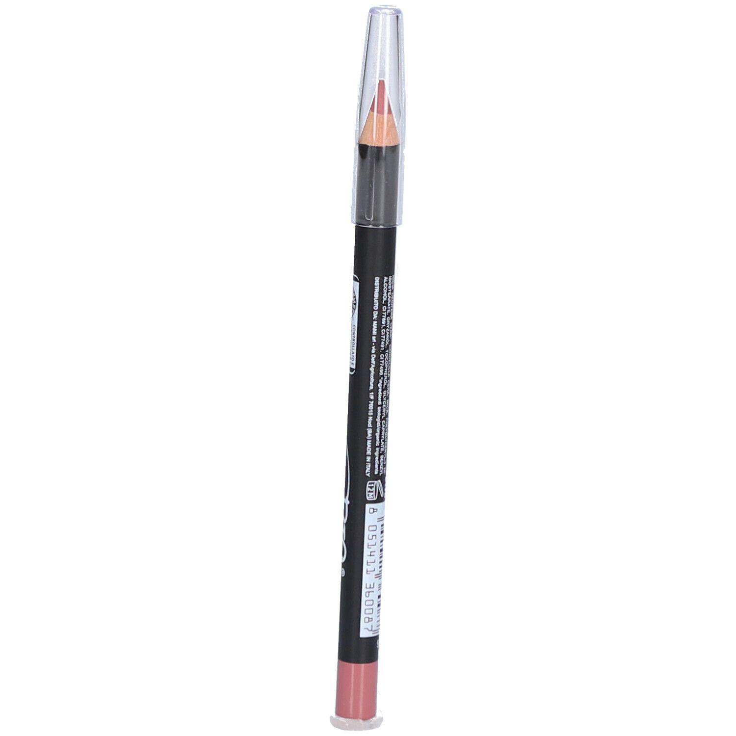 Crayon à lèvres double face, Rose Mauve. Crayon noir avec extrémité rose et capuchon. Marque visible.